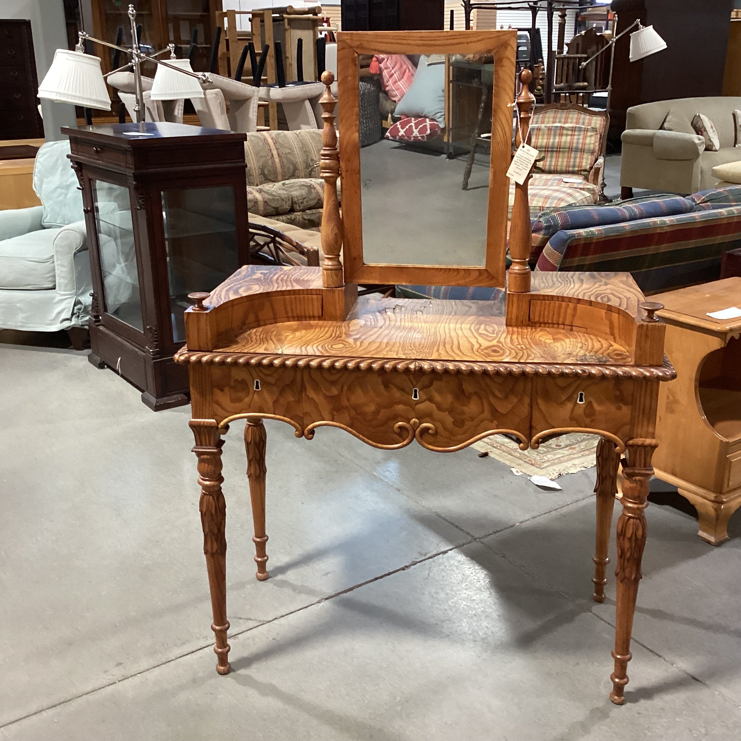 Antique American Carved Wood & Veneer 5 Drawer with Mirror Ladies Vanity Dresser 38"x 19"x 53"