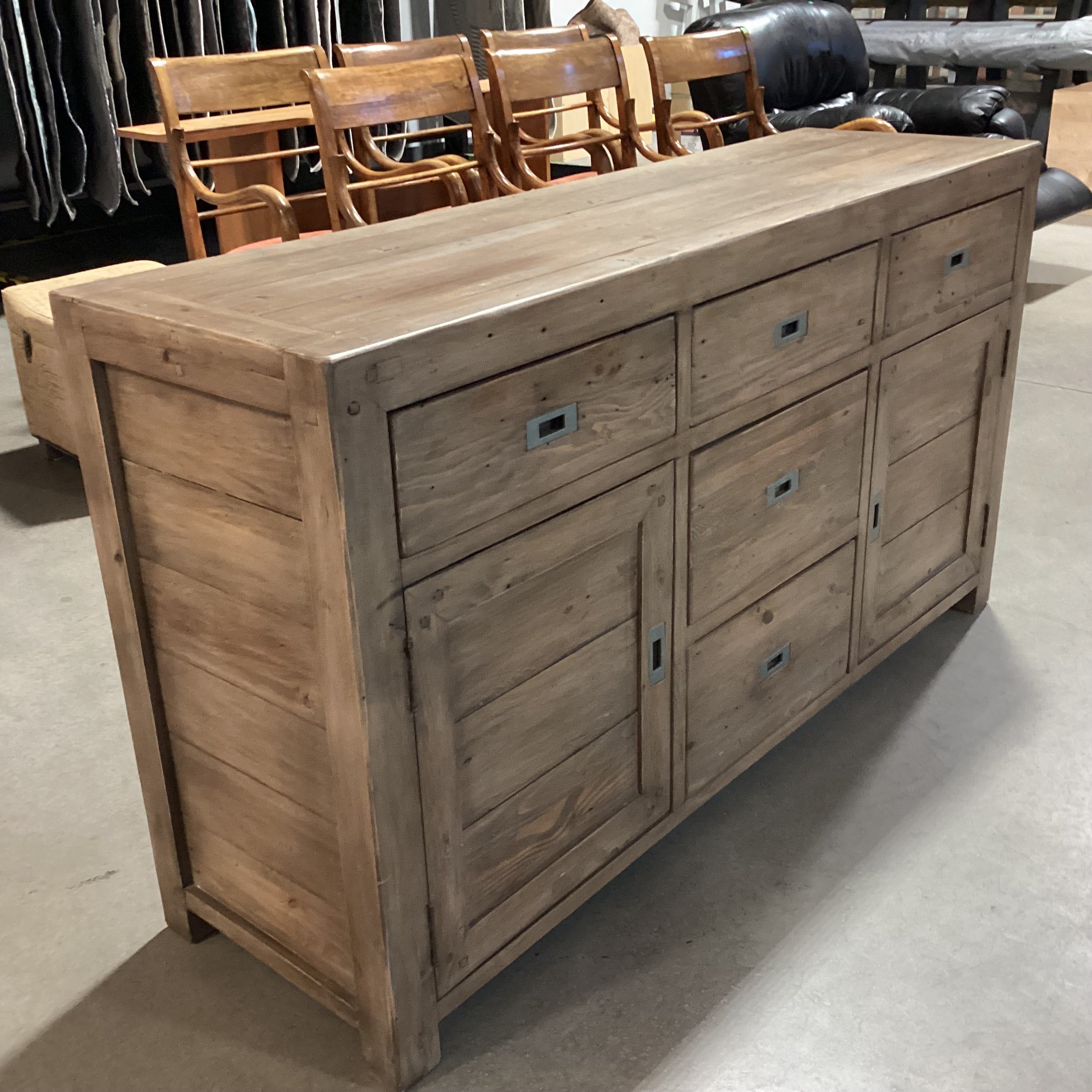 Rustic Reclaimed Wood Campaign Style 2 Door with Shelves 5 Drawer Sideboard 61"x 18"x 33.5"