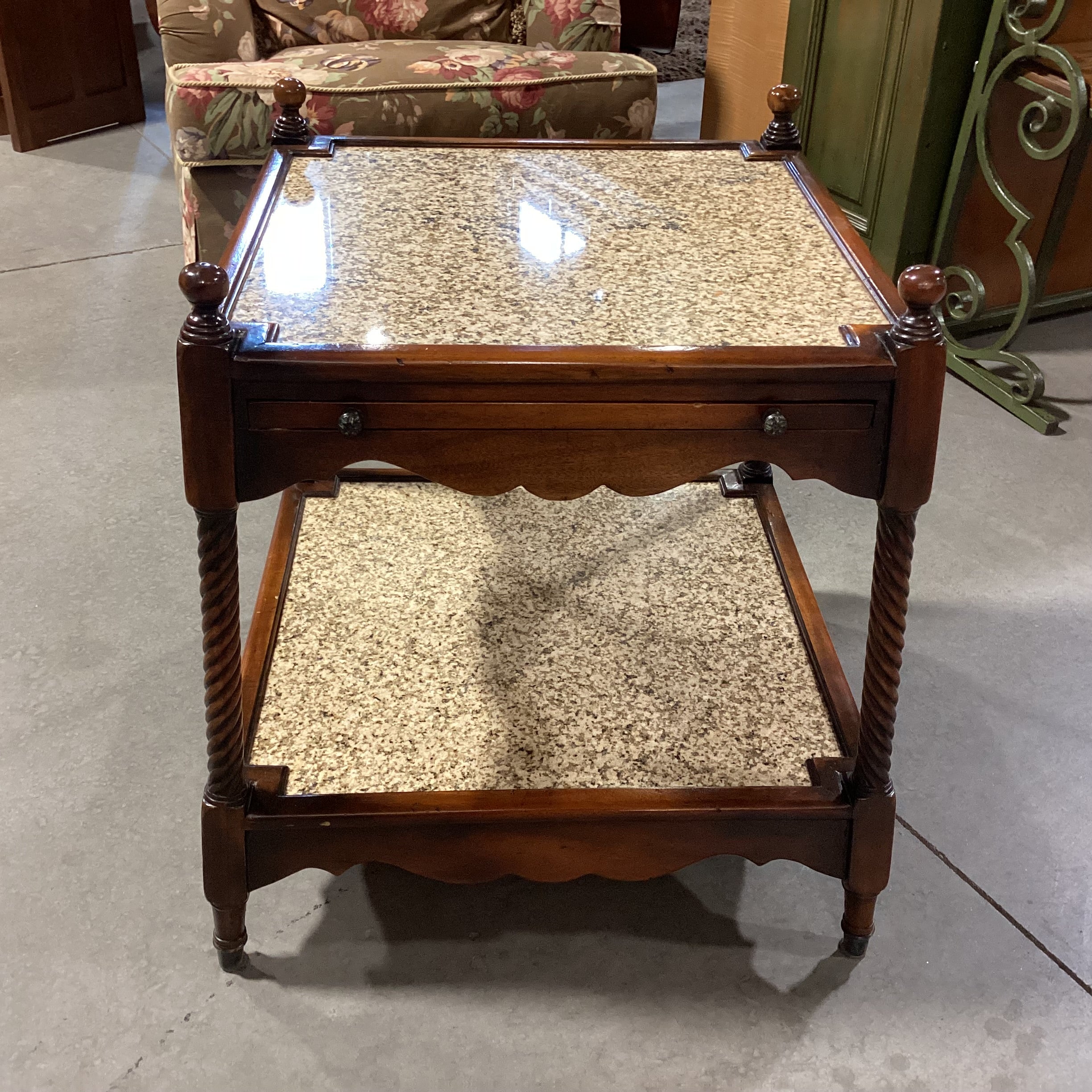 Spindle Carved wood & Granite 2 Tiered Accent Table 24"x 24"x 27"
