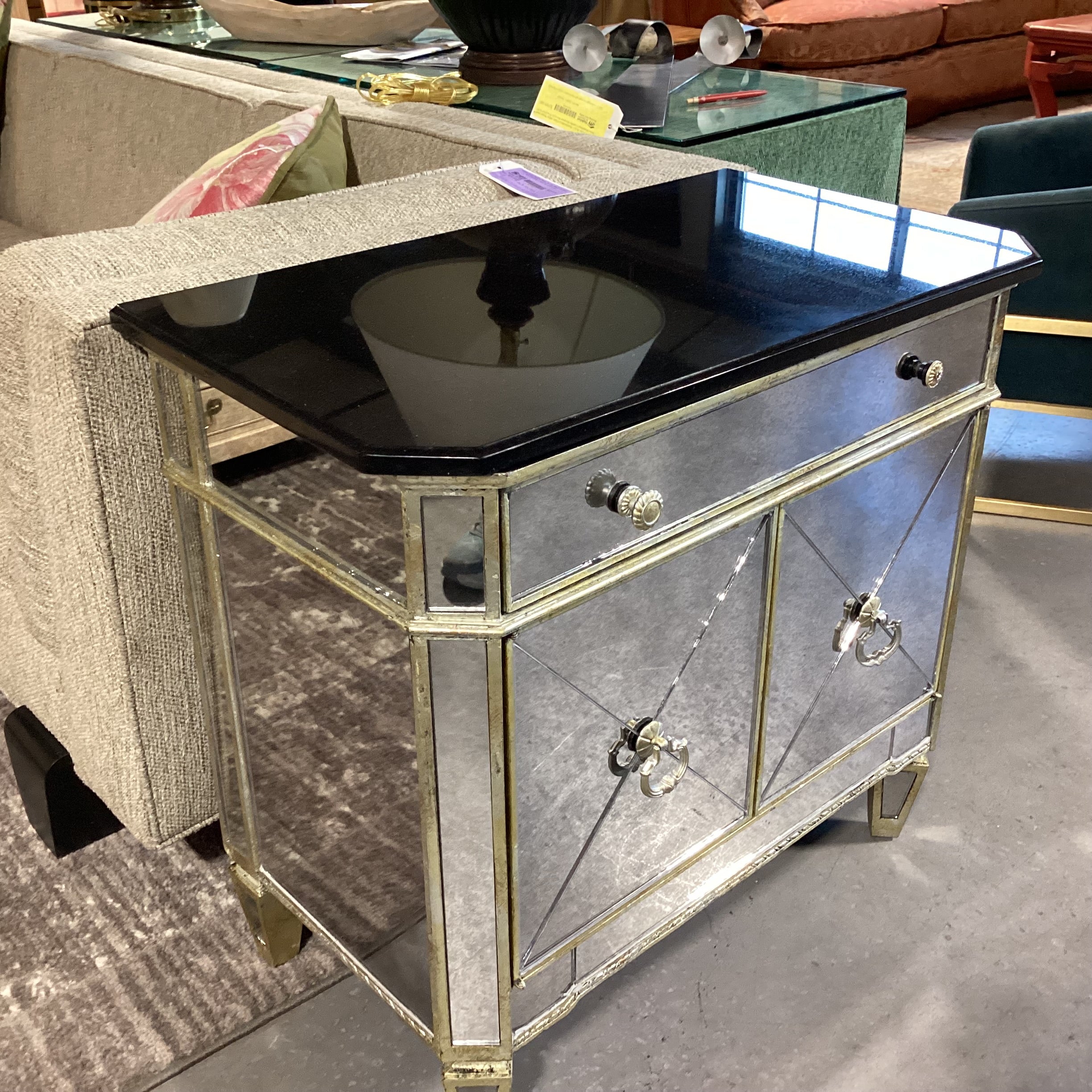Antiqued Gold with Mirror & Black Granite Top 2 Door Night Stand 30.5"x 17.5"x 29"