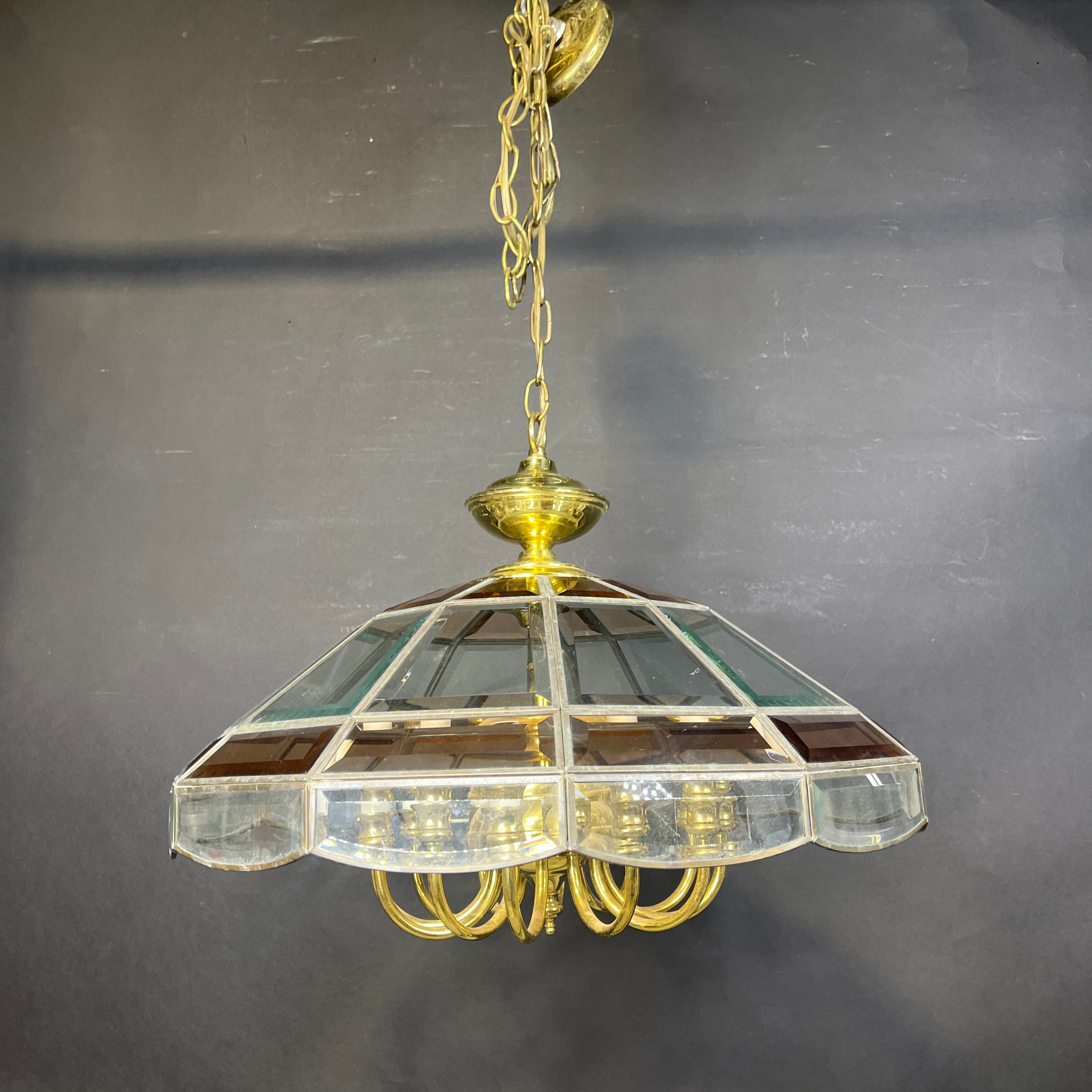 Vintage 12-Light 2-Tone Beveled Glass and Brass Ceiling Pendant 23.5” Diameter x 54”