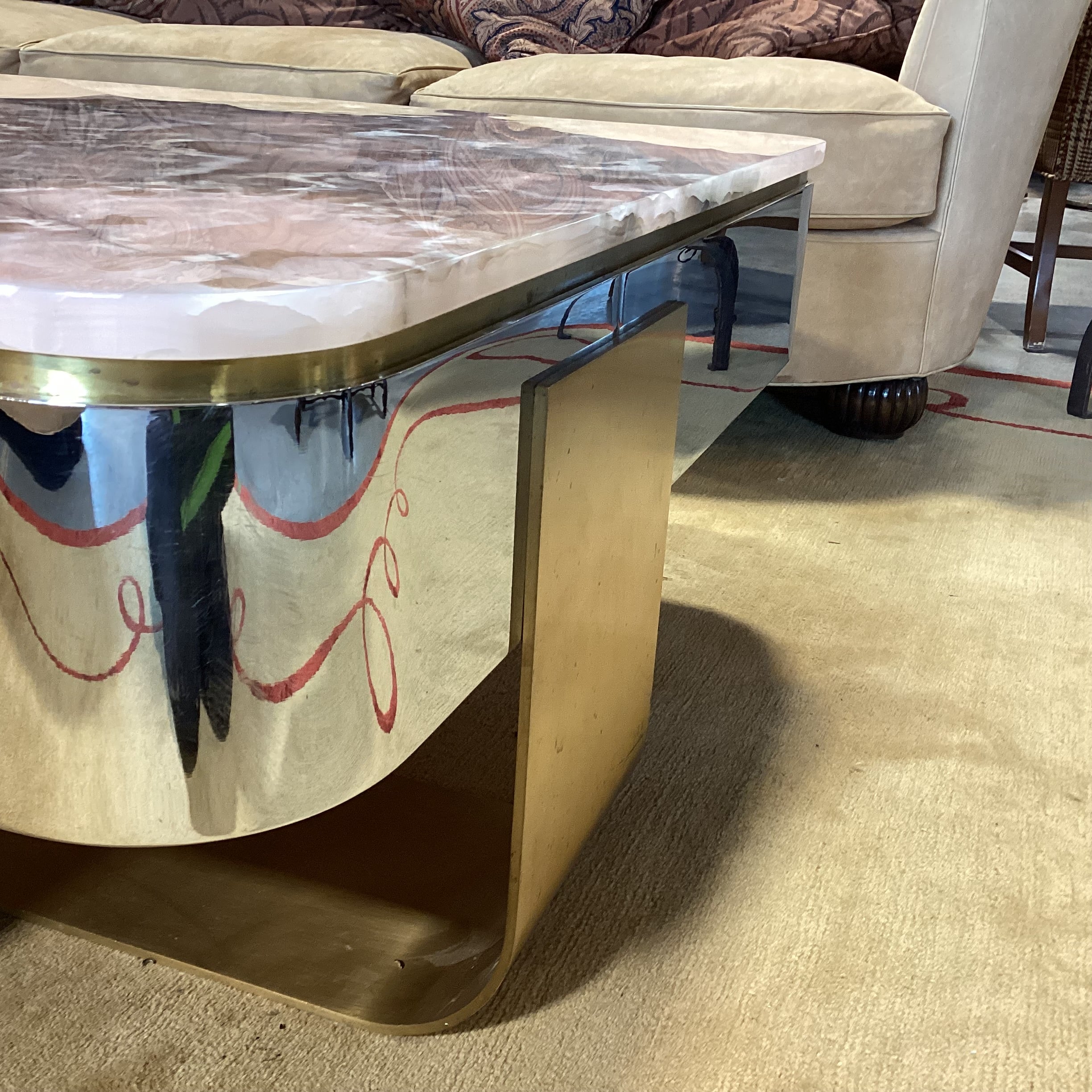 Lorin Marsh Ltd Kimono Pink Onyx Nickel Plate & Brass Custom Coffee Table 66"x 38"x 17"