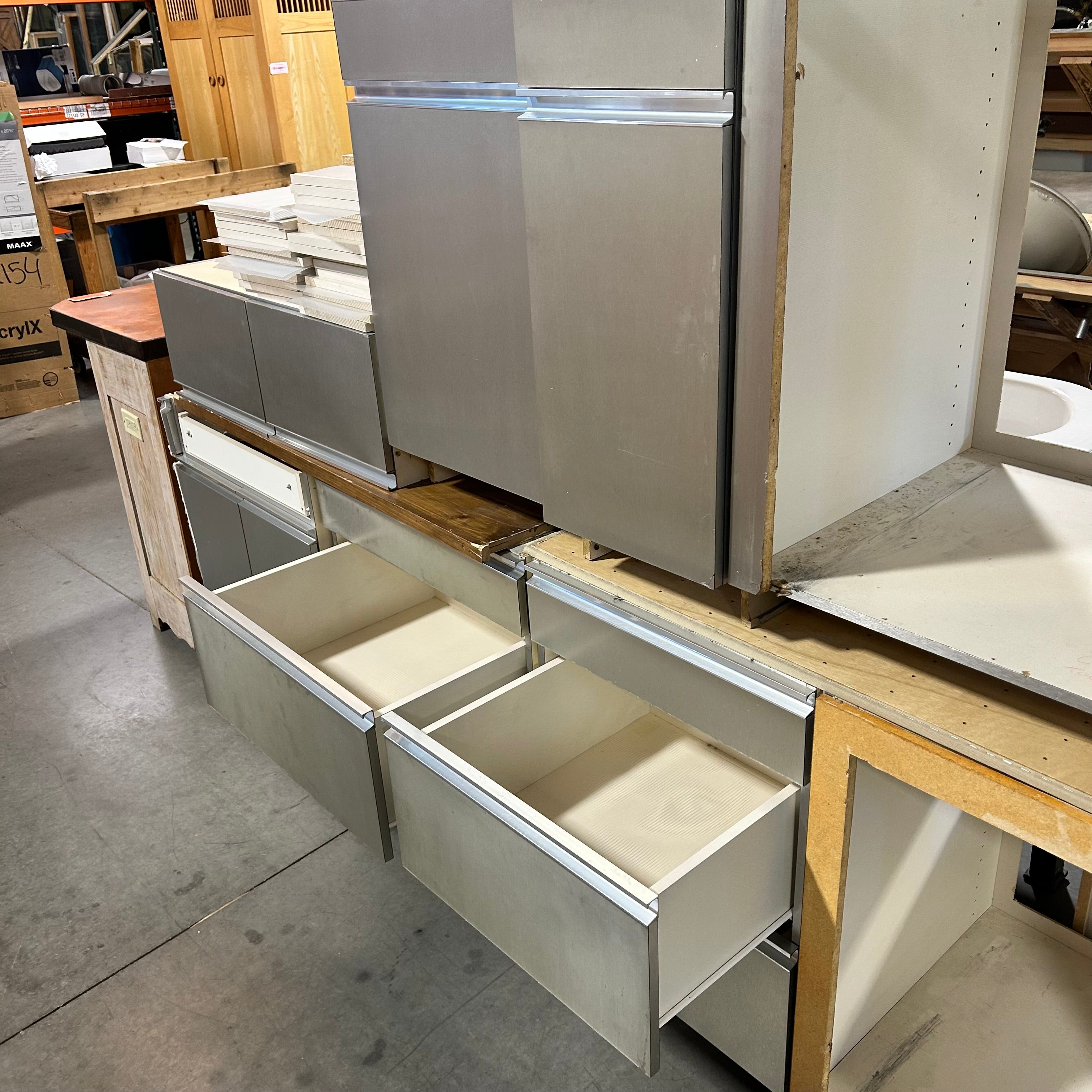 Stainless Metal Vaneer Cabinet Set with Metal Hardware 12 Bottoms / 7 Uppers / 2 Standing Pantry Cabinets