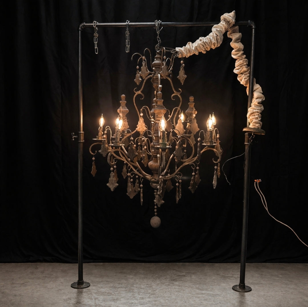 Ornate French Country Six Light Painted Glass Pendants Chandelier 33"x33"x44.5"
