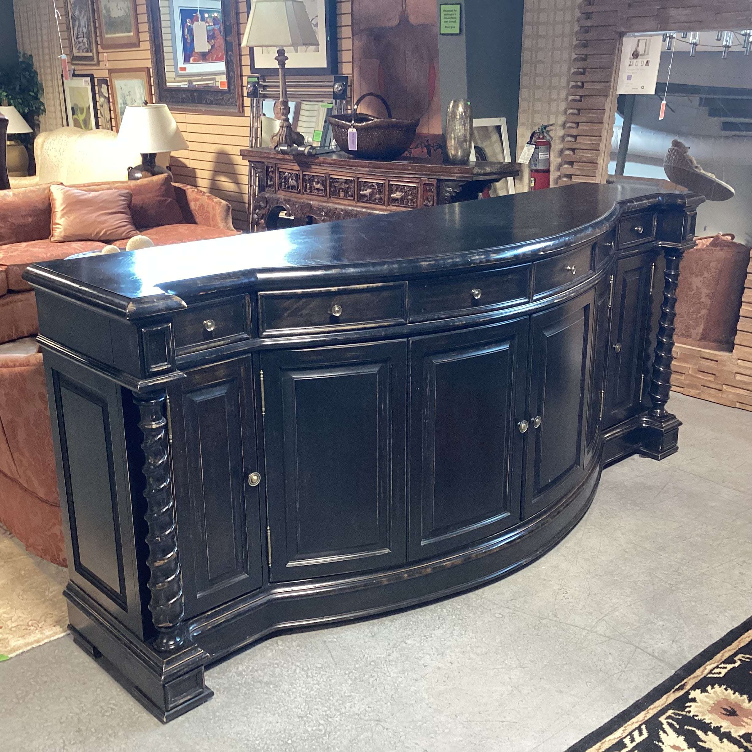 Antiqued Black Distressed Carved Wood 4 Door 6 Drawer Sideboard 96.5"x 27.5"x 42.5"