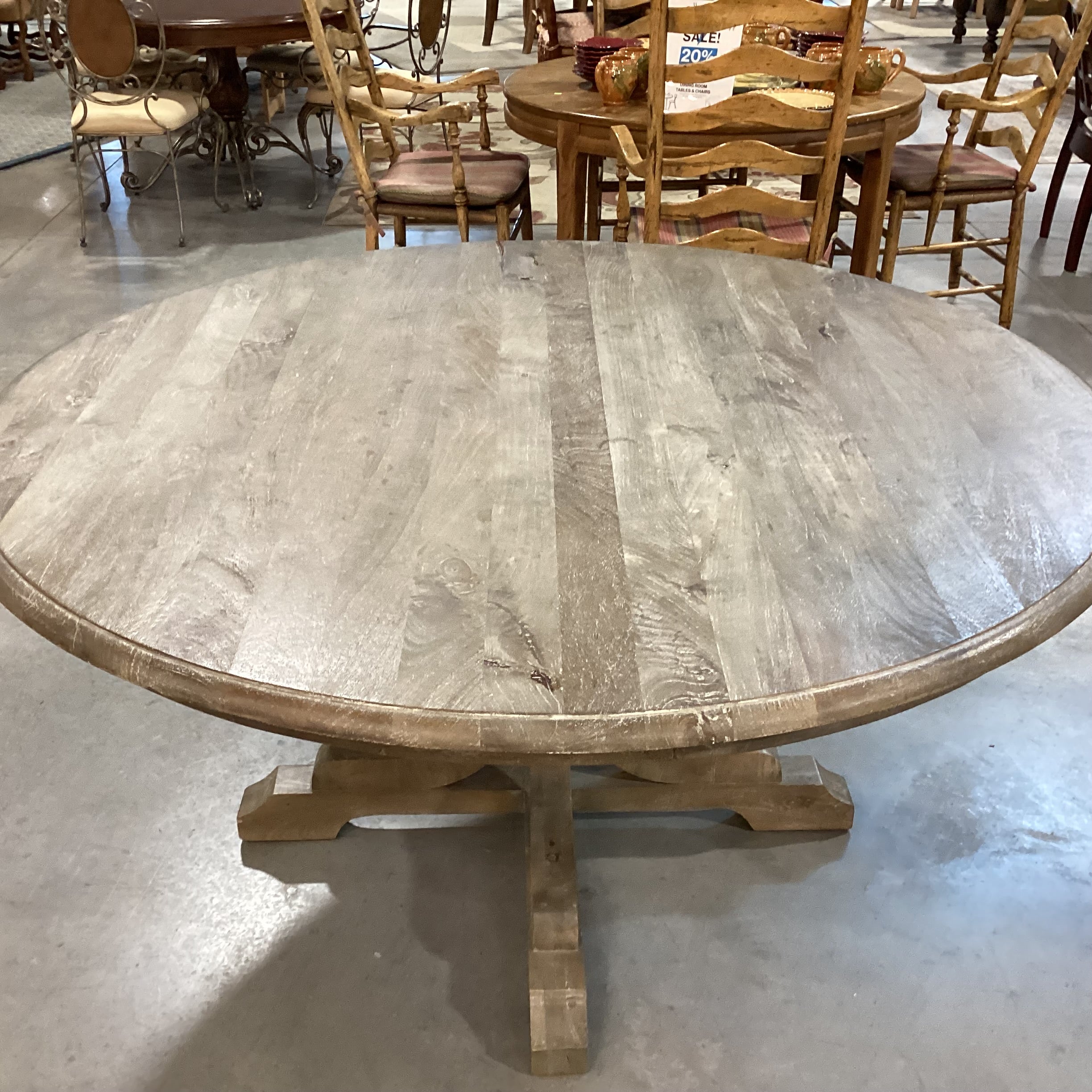 Pottery Barn Linden Grey Washed Mango Wood Round Pedestal Dining Table 60" Diameter x 30.5"
