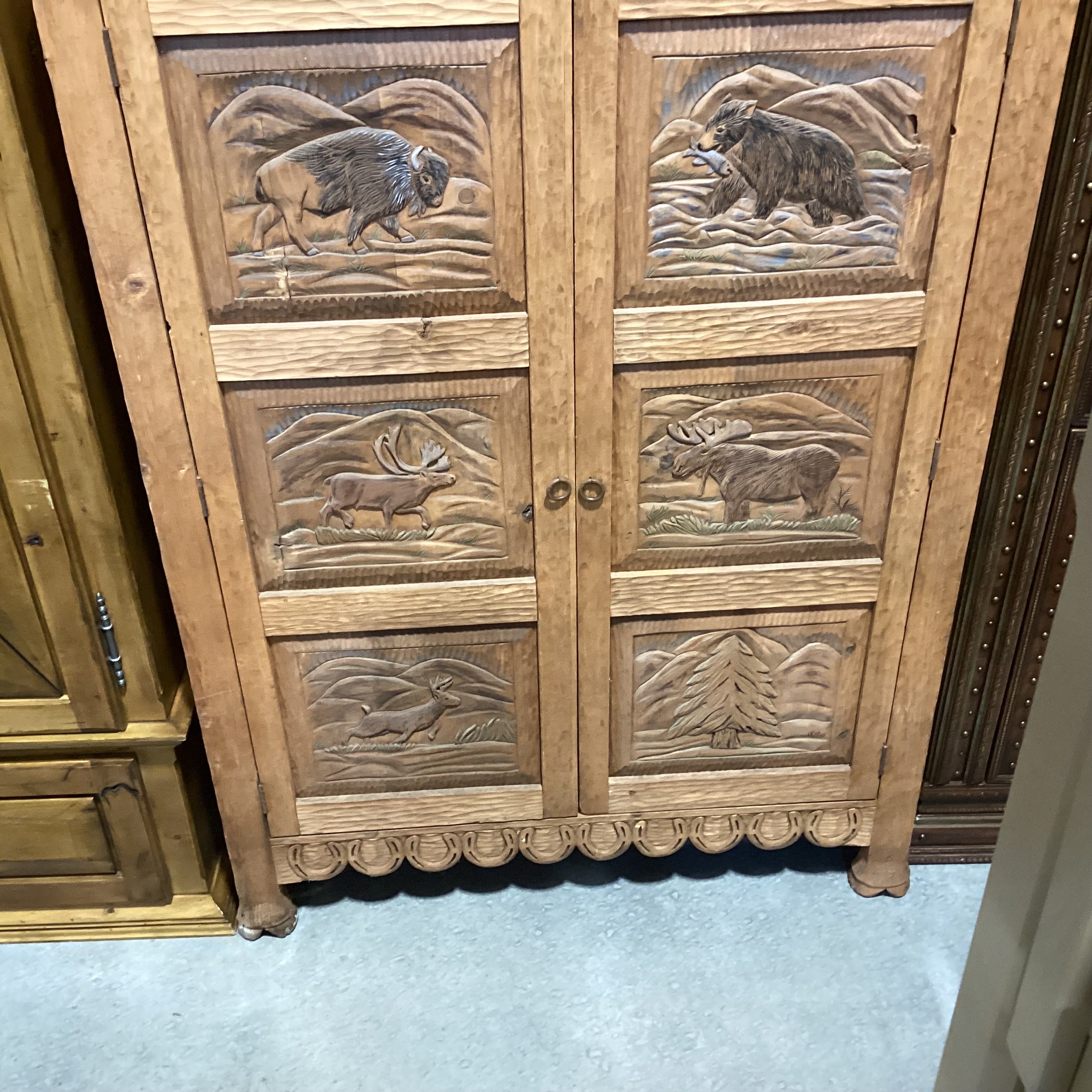Rustic Hand Carved Bear Moose Elk Buffalo 2 Door with Shelves Armoire 48"x 26"x 84"