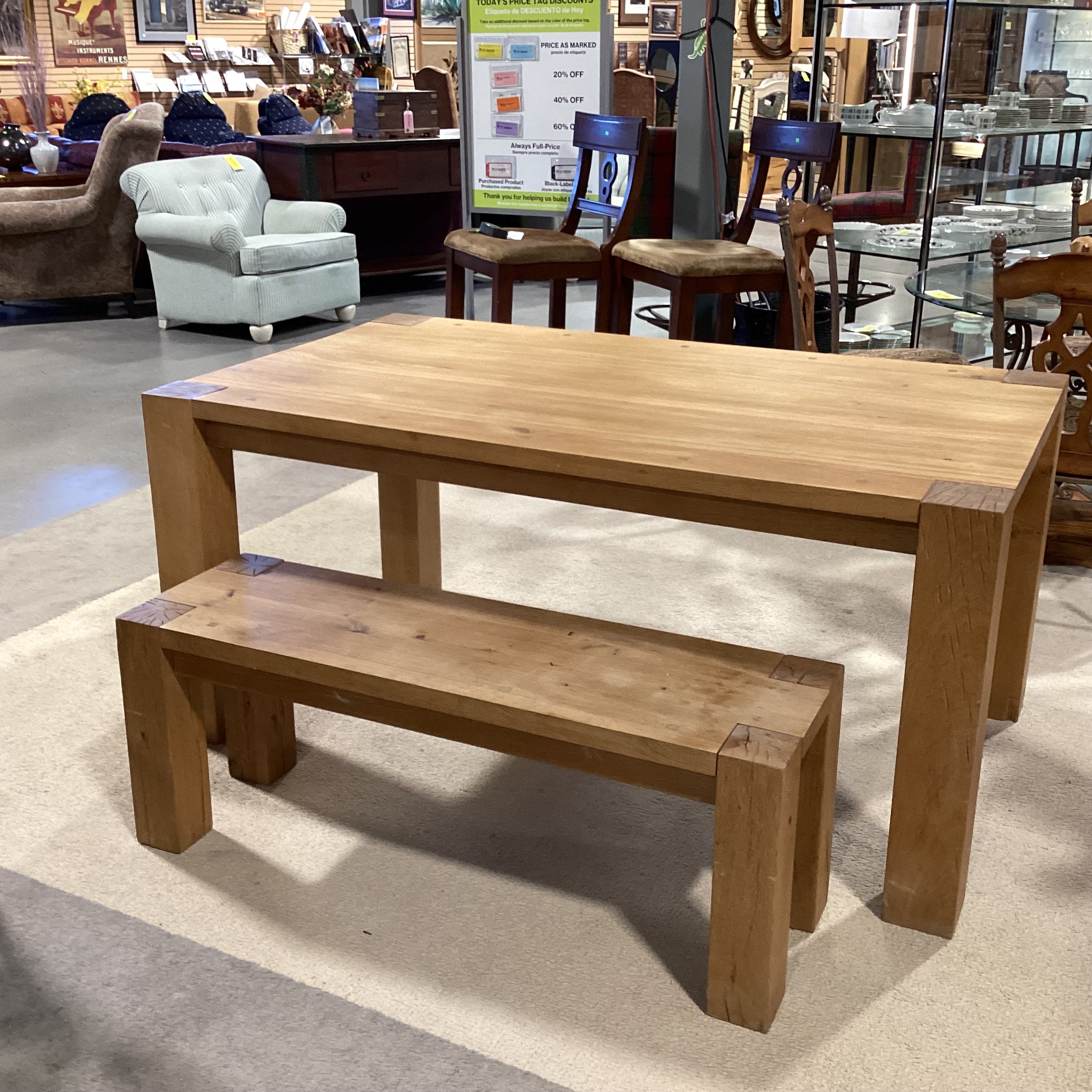 Crate & Barrel Ylifanti Rustic Solid Oak Table with Bench Dining Set 65"x 38"x 30.5"