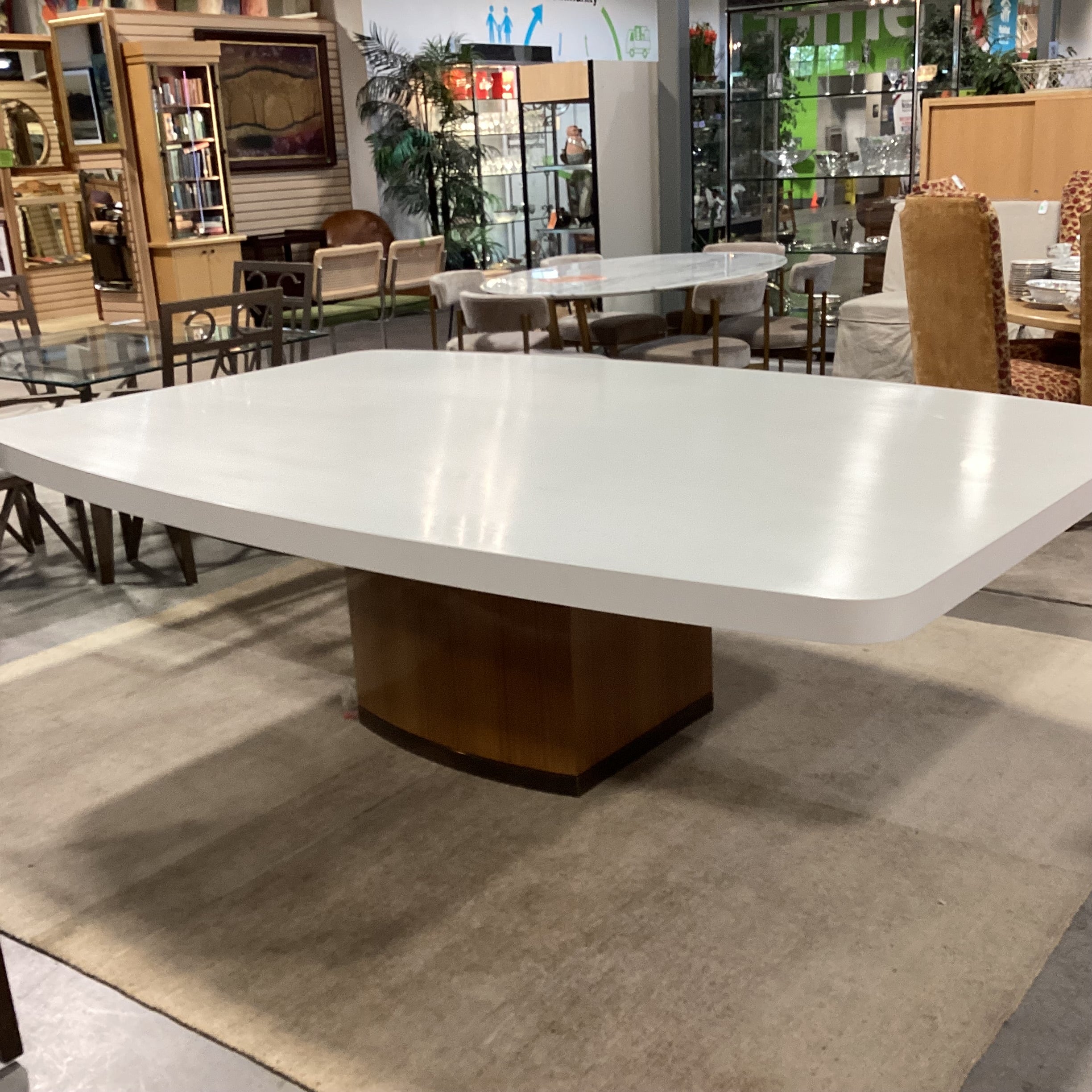 Custom Wood Veneer Brass White Lacquer & Glass Top Dining Table 66"x 66"x 29"