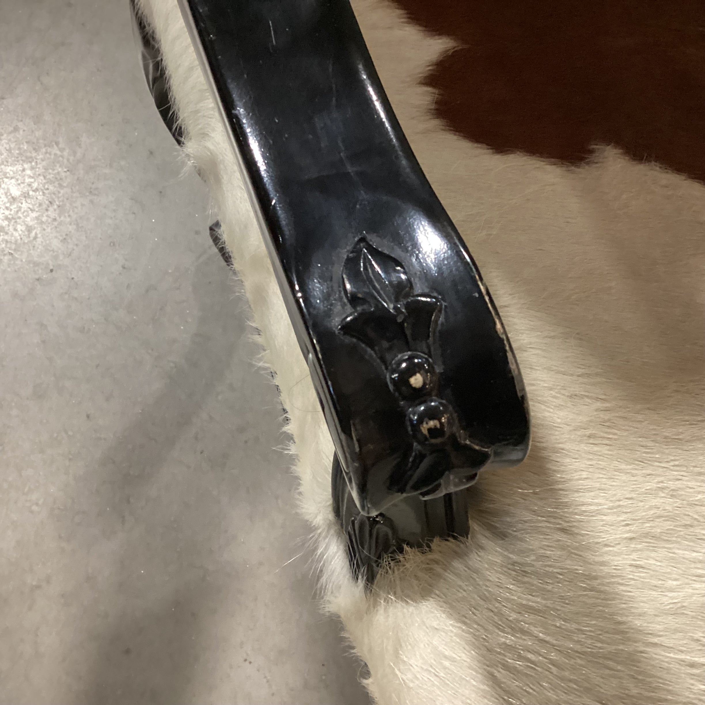 Carved Wood Cowhide & Grey Velvet Nailhead on Casters Chair 28"x 25"x 37"