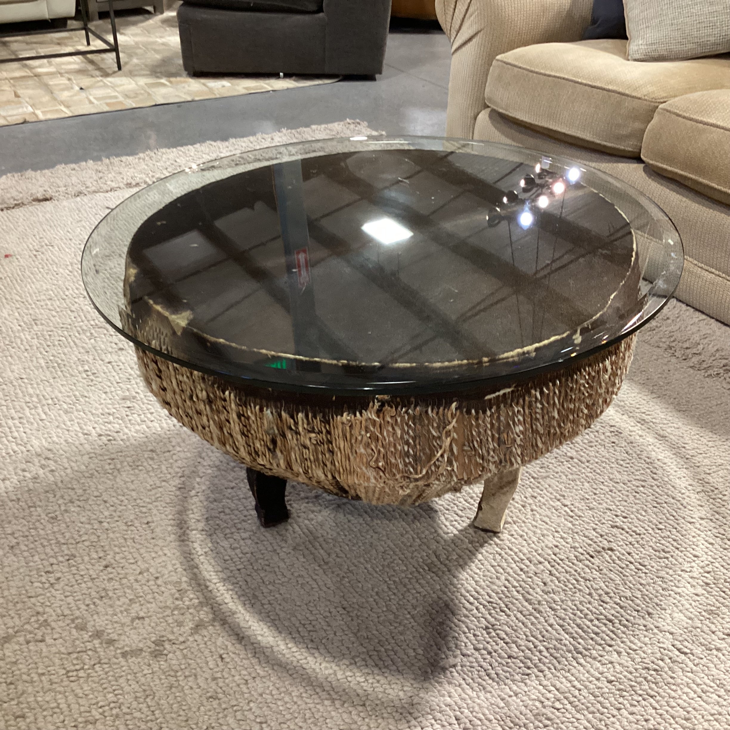 Vintage African Tribal Drum with Hide & Glass Top Coffee Table 34" Diameter x 20"