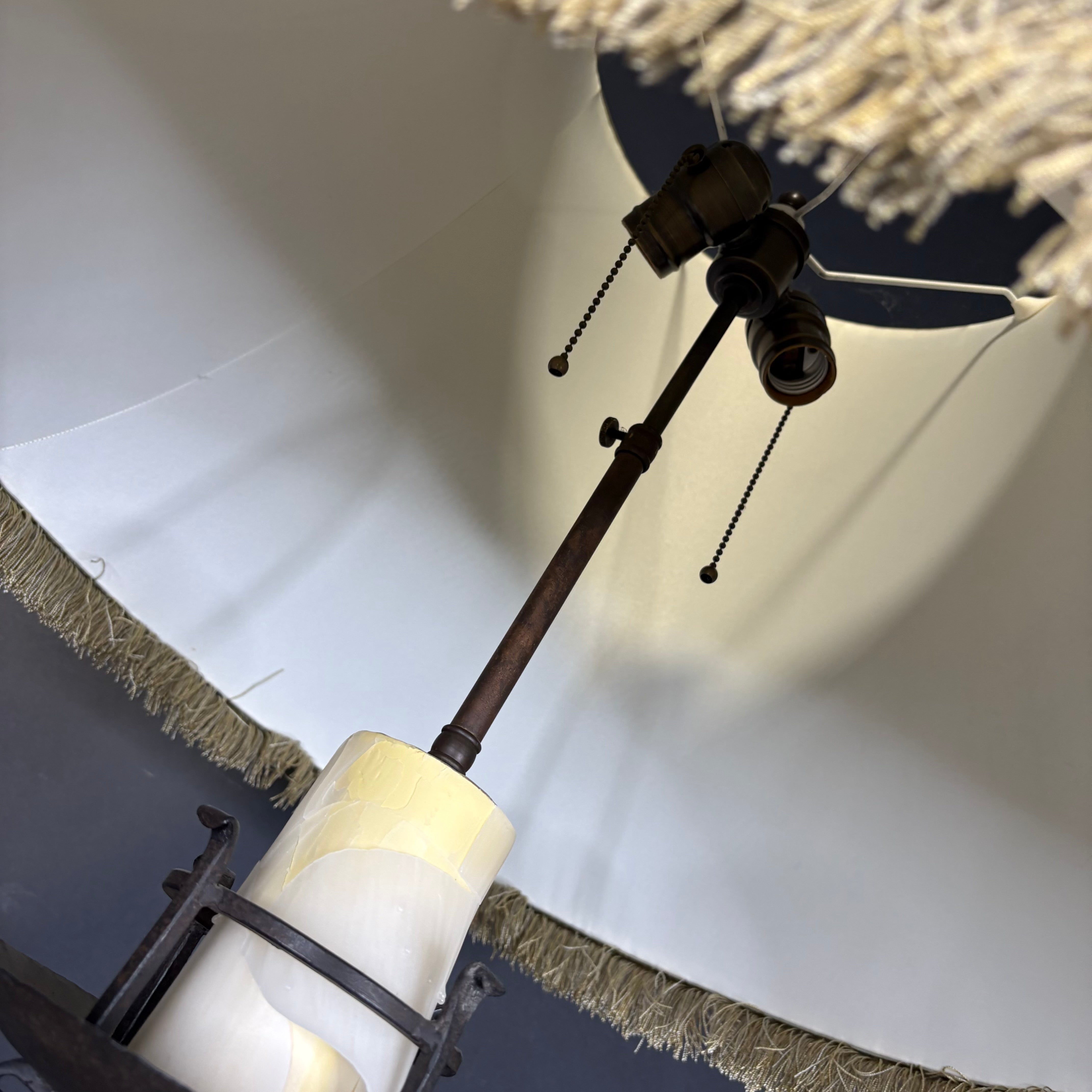 Paul Ferrante Zoro Neoclassical Iron Tripod with Shade Floor Lamp 24” Diameter @ Shade x 72”