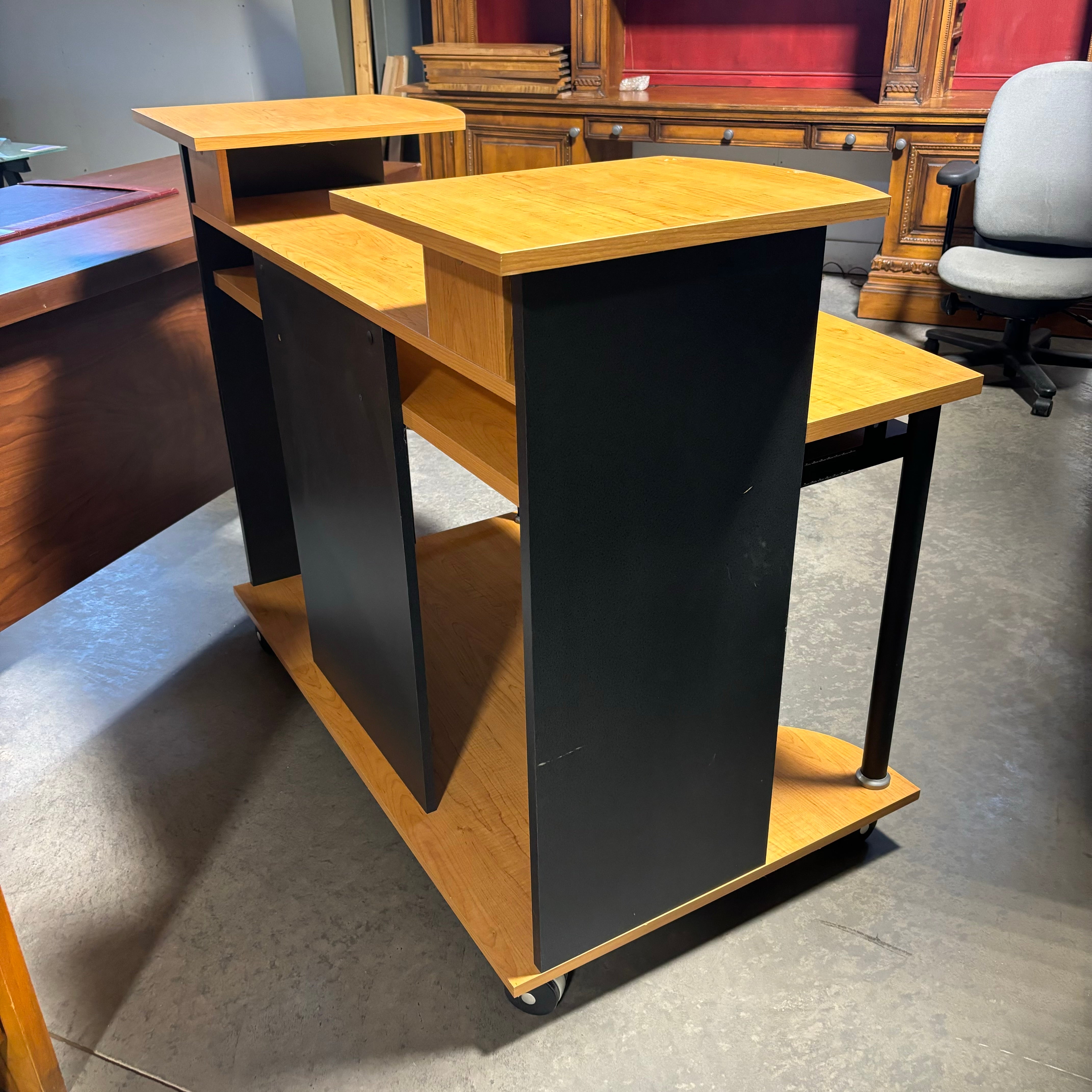 Light Wood Veneer Top with Black Metal & Wood Multi Surface On Casters Computer Desk 52"x 41"x 30.5"