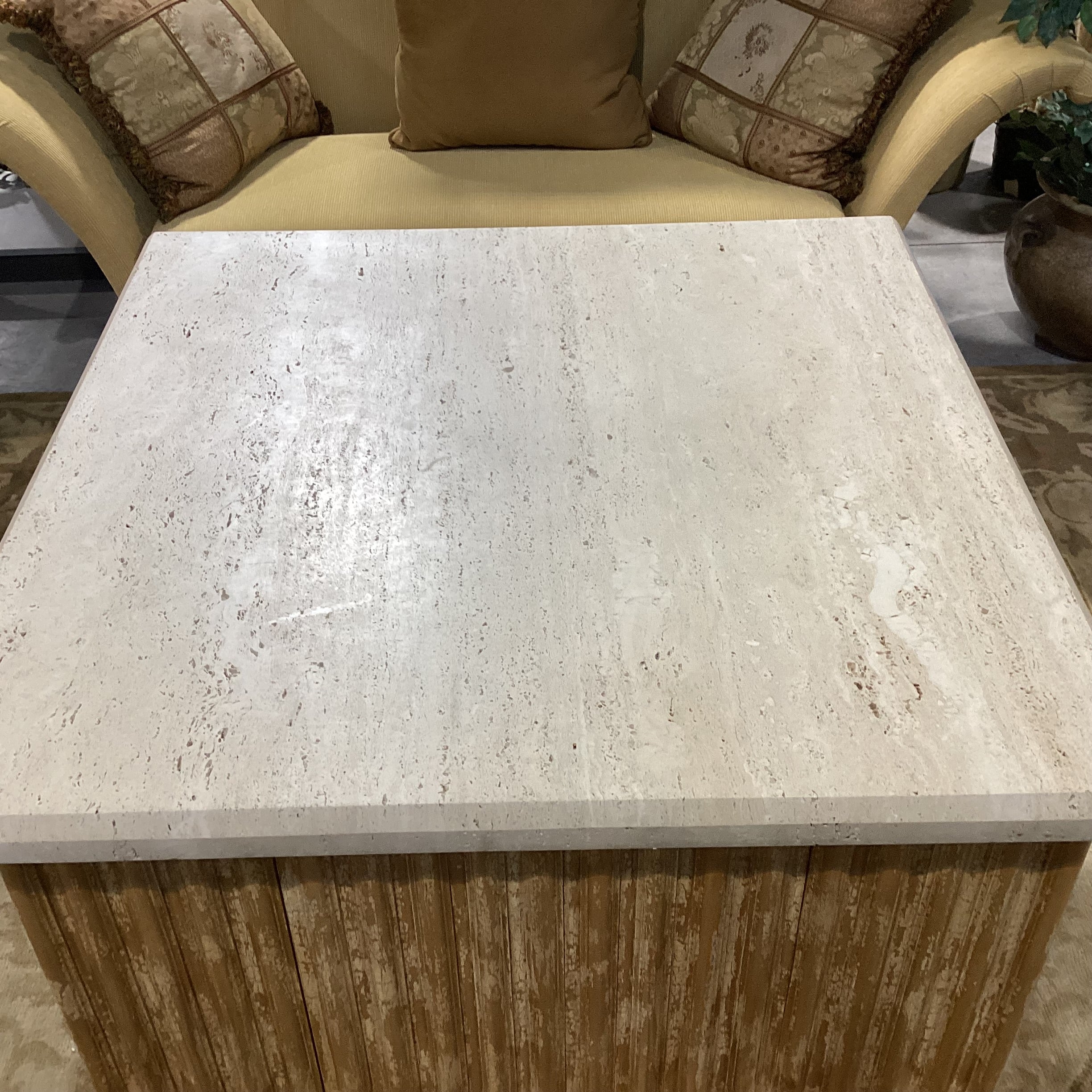 Custom Ribbed with Textured Crackle Finish Wood 1 Door with Shelf Travertine Top Accent Table 48"x 48"x 30"
