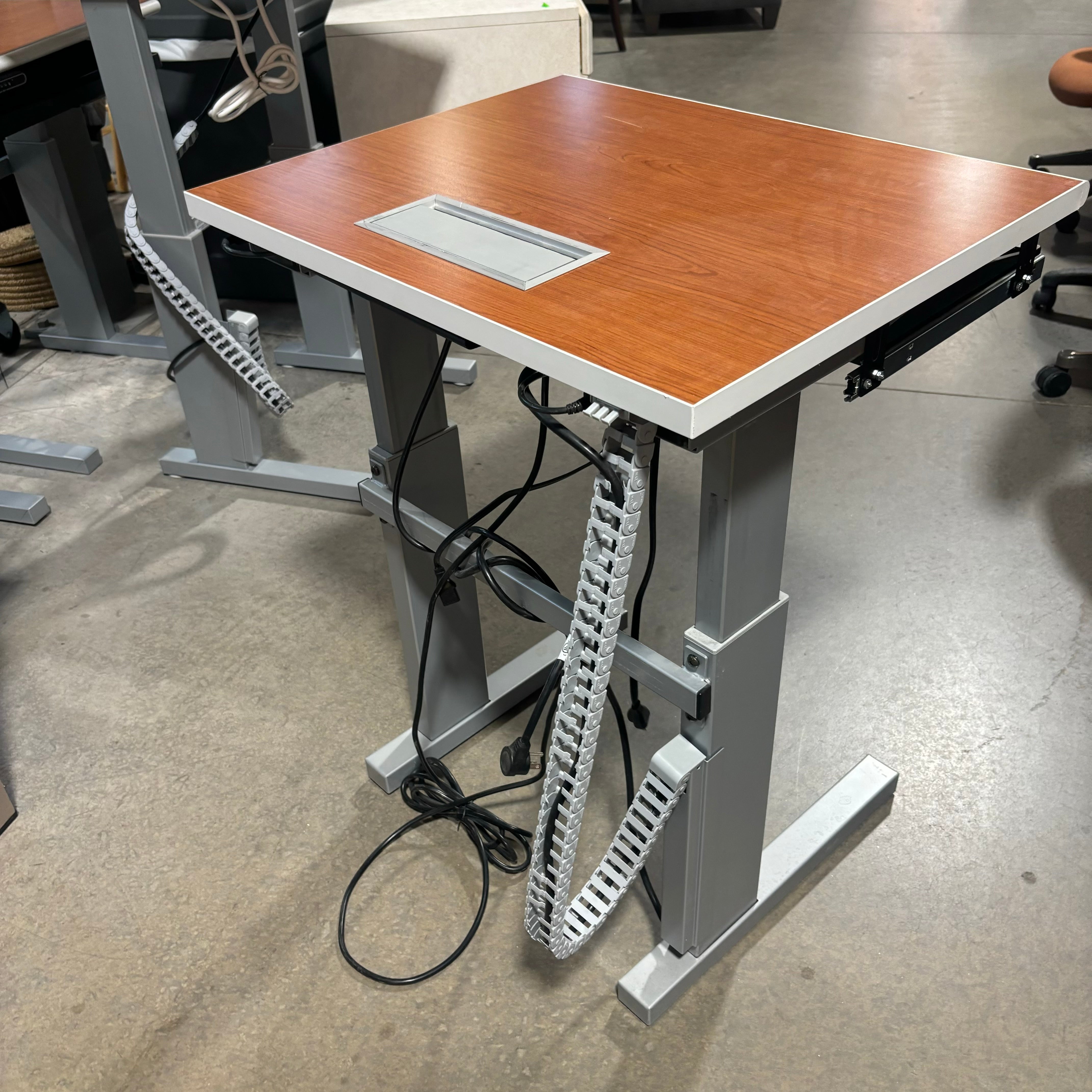 LINAK Dark Wood Veneer with Steel Base & Pullout Tray Adjustable Sit to Stand Desk 28"x 24"x 27" to 43"