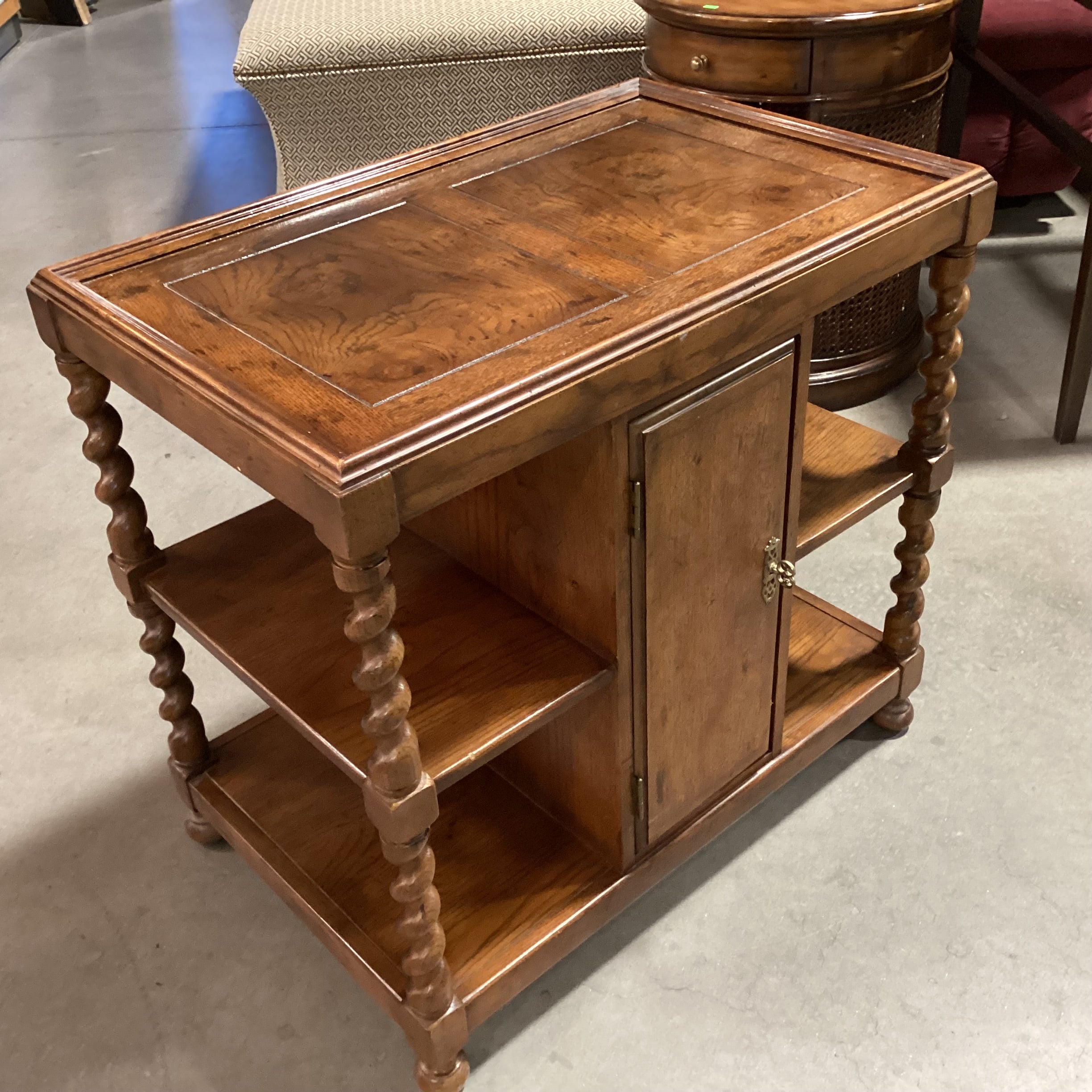 Vintage Barley Twist & Veneer 3 Tiered with Door & Shelves End Table 28"x 18"x 26.5"