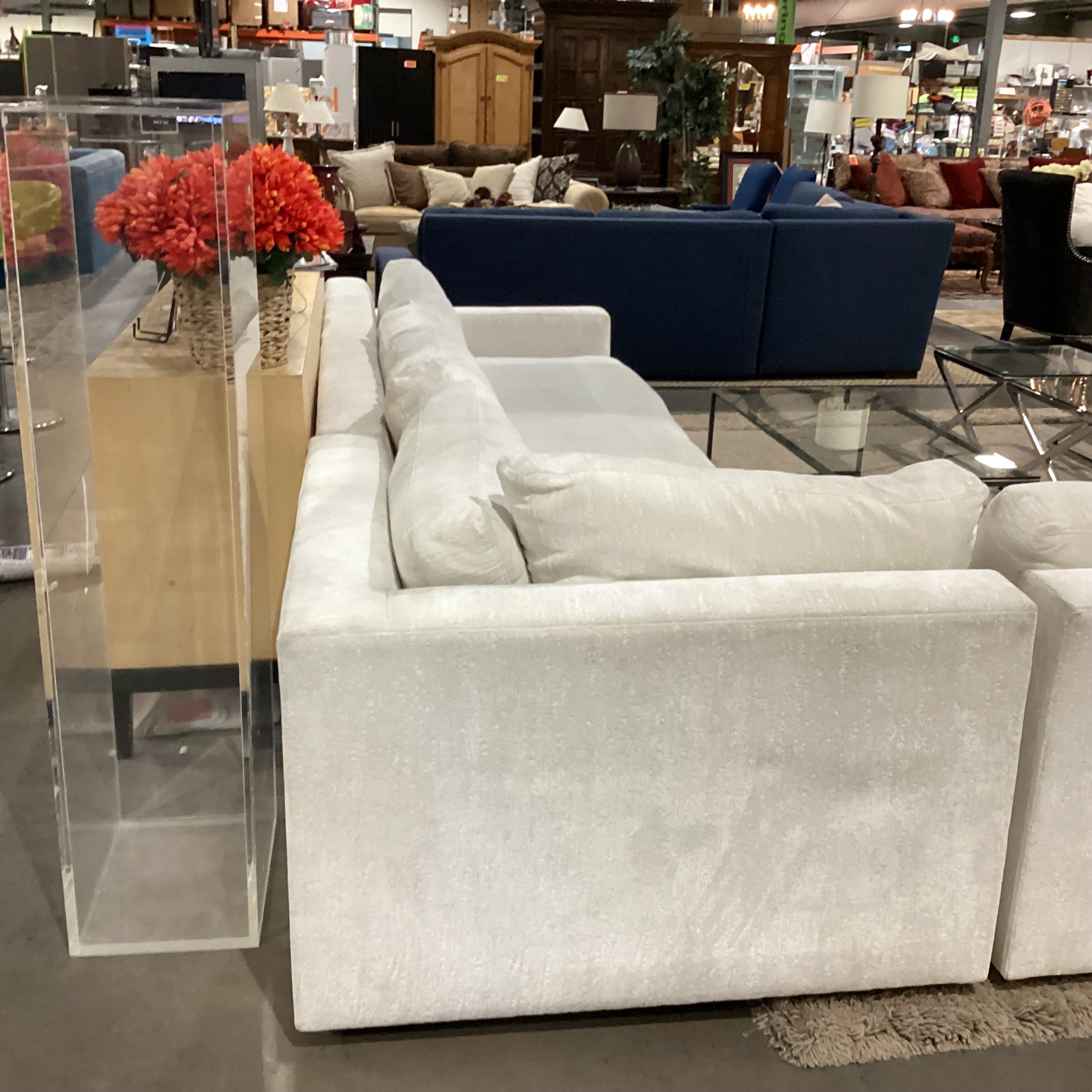 Custom Ivory Raised Texture Velvet Down Mix 3 Piece Sectional 146"x 134"x 45"x 29"