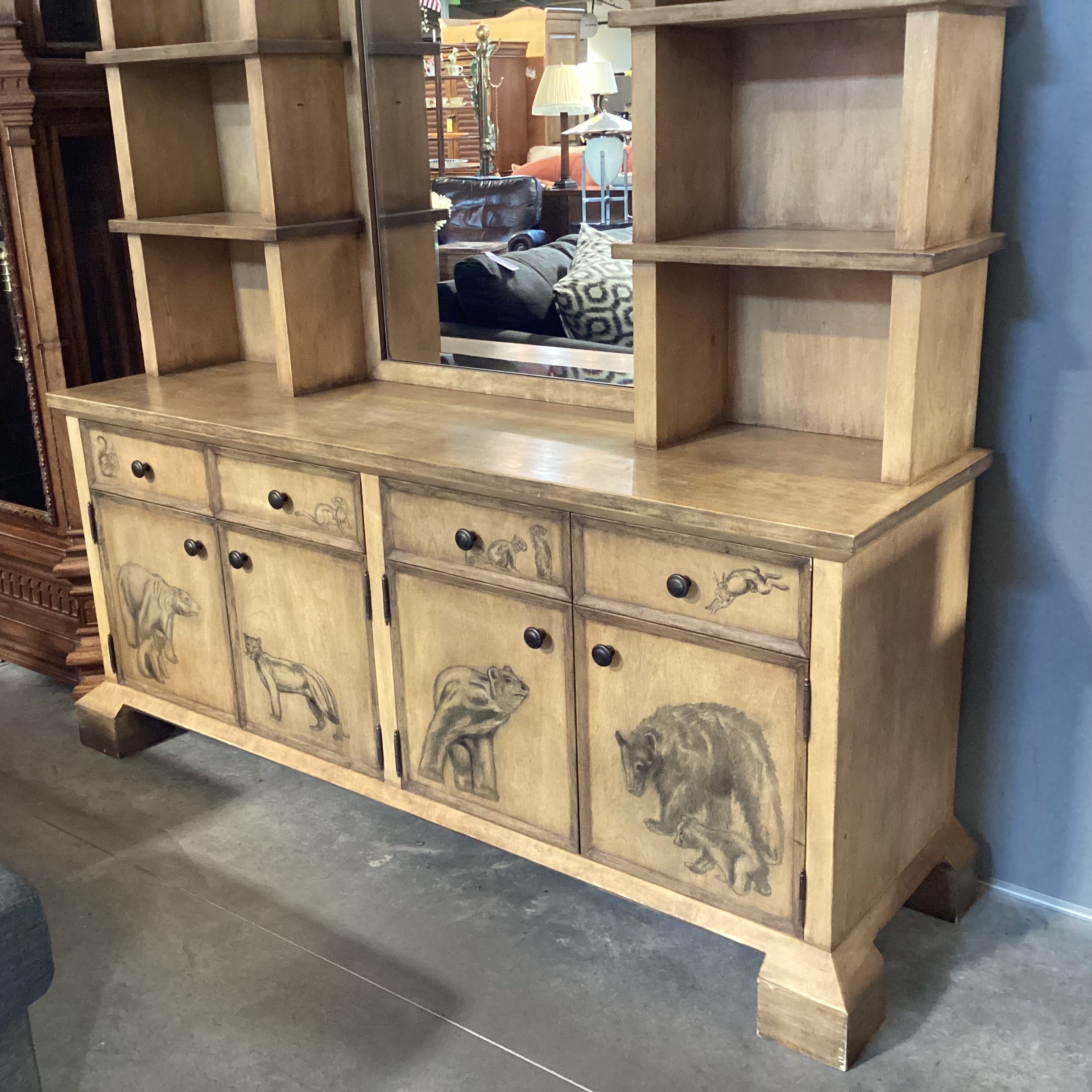 Custom Cabinetry Antiqued Wash with Forest Animals 2 Piece with Hutch Credenza 72"x 21"x 96"