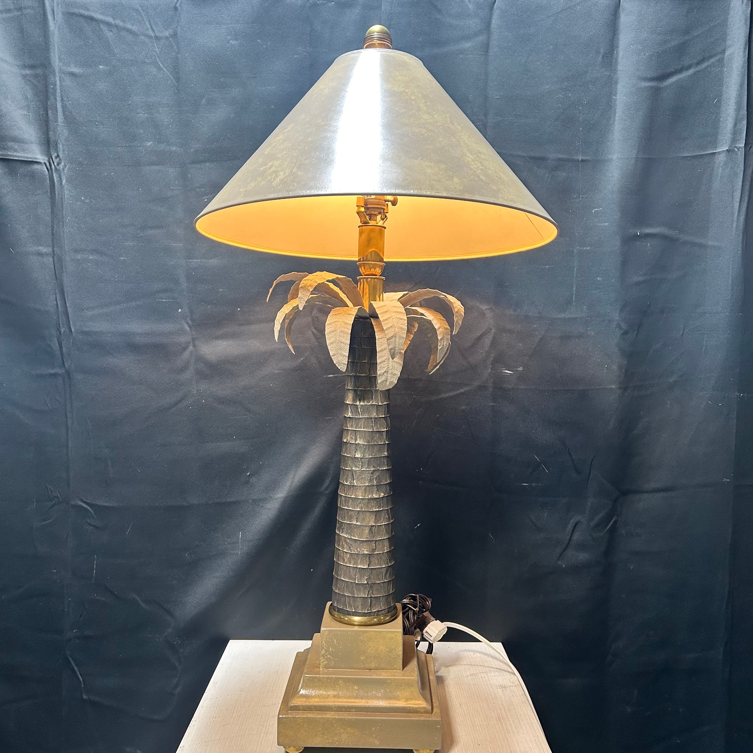 Hollywood Regency-Style Palm Tree With Fluted Trunk & metal Fronds & Tiered Base 20"x 39"Table Lamp