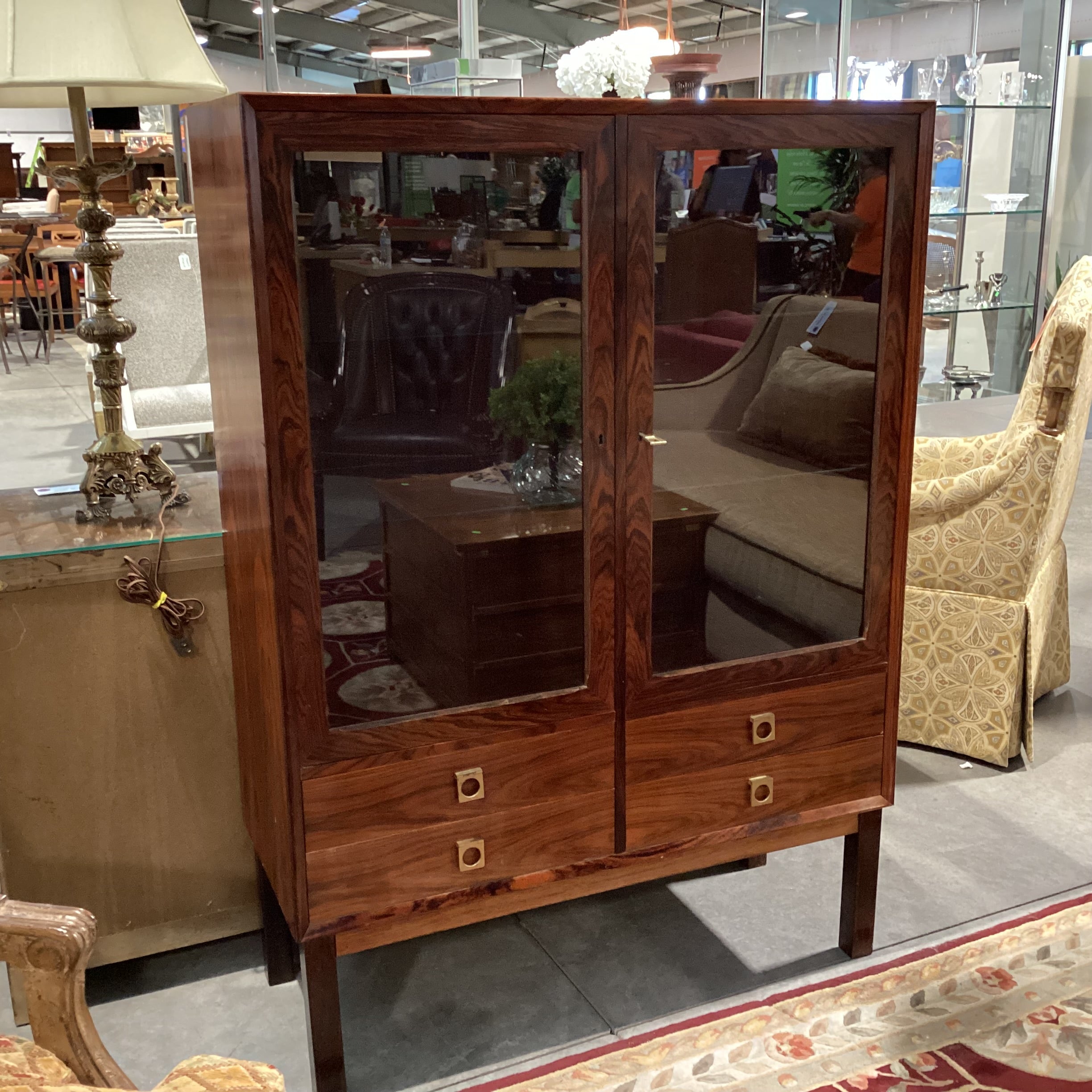 Vintage Danish Mid Century Rosewood & Glass 2 Door with Shelves 4 Drawer Display Cabinet Armoire 39.5"x 16"x 55"