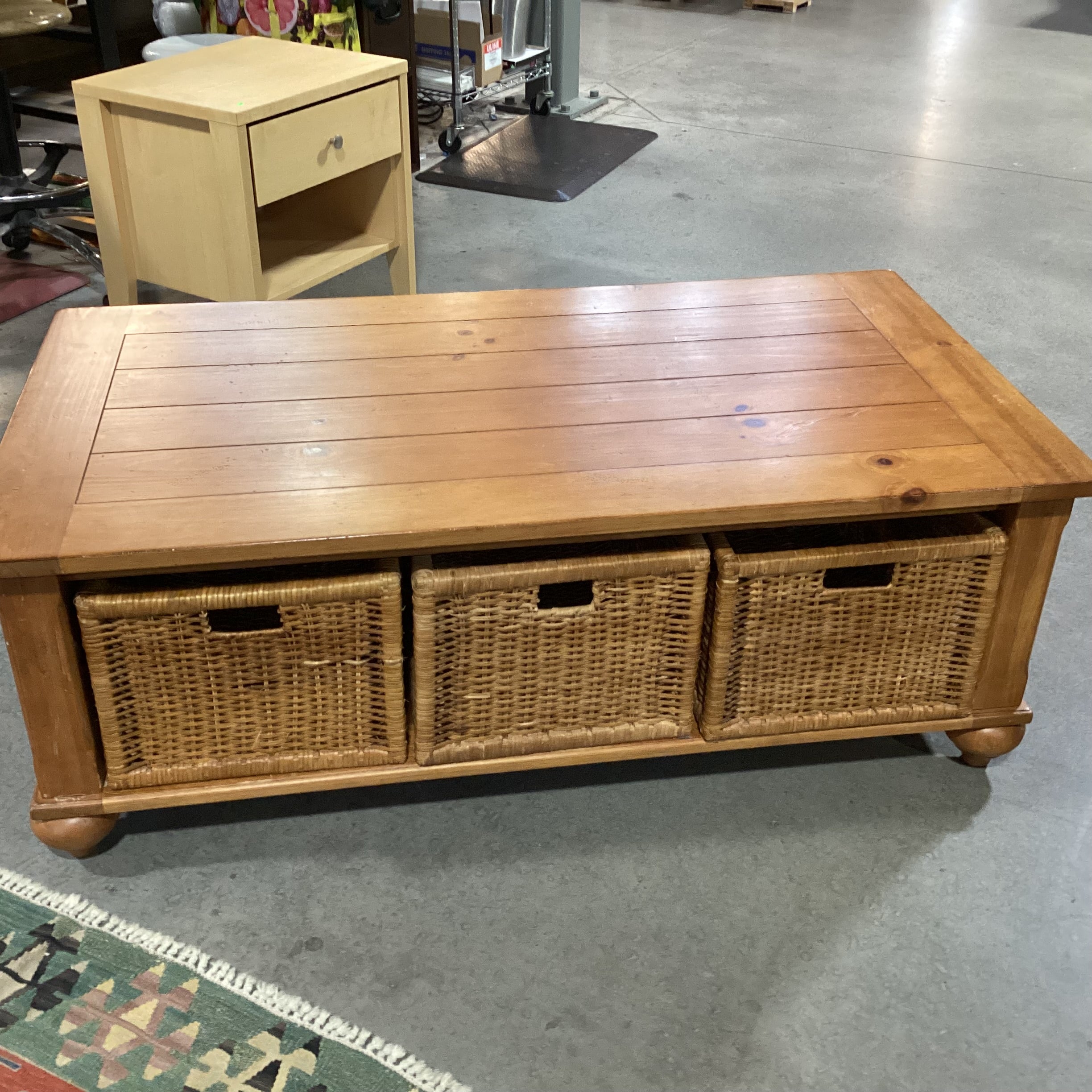 Finished Plank Wood & 3 Double Sided Basket Drawers Coffee Table 50"x 27"x 18.5"
