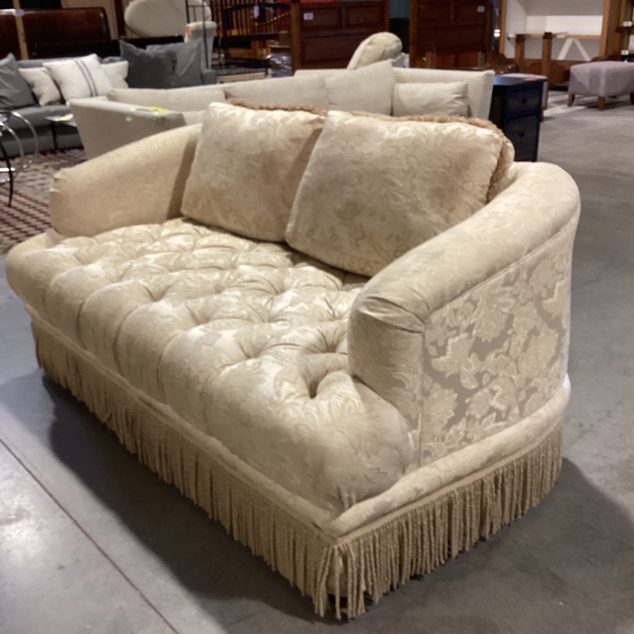 Cream Gold Raised Floral Tufted with Fringe Sofa 71"x 39"x 33"