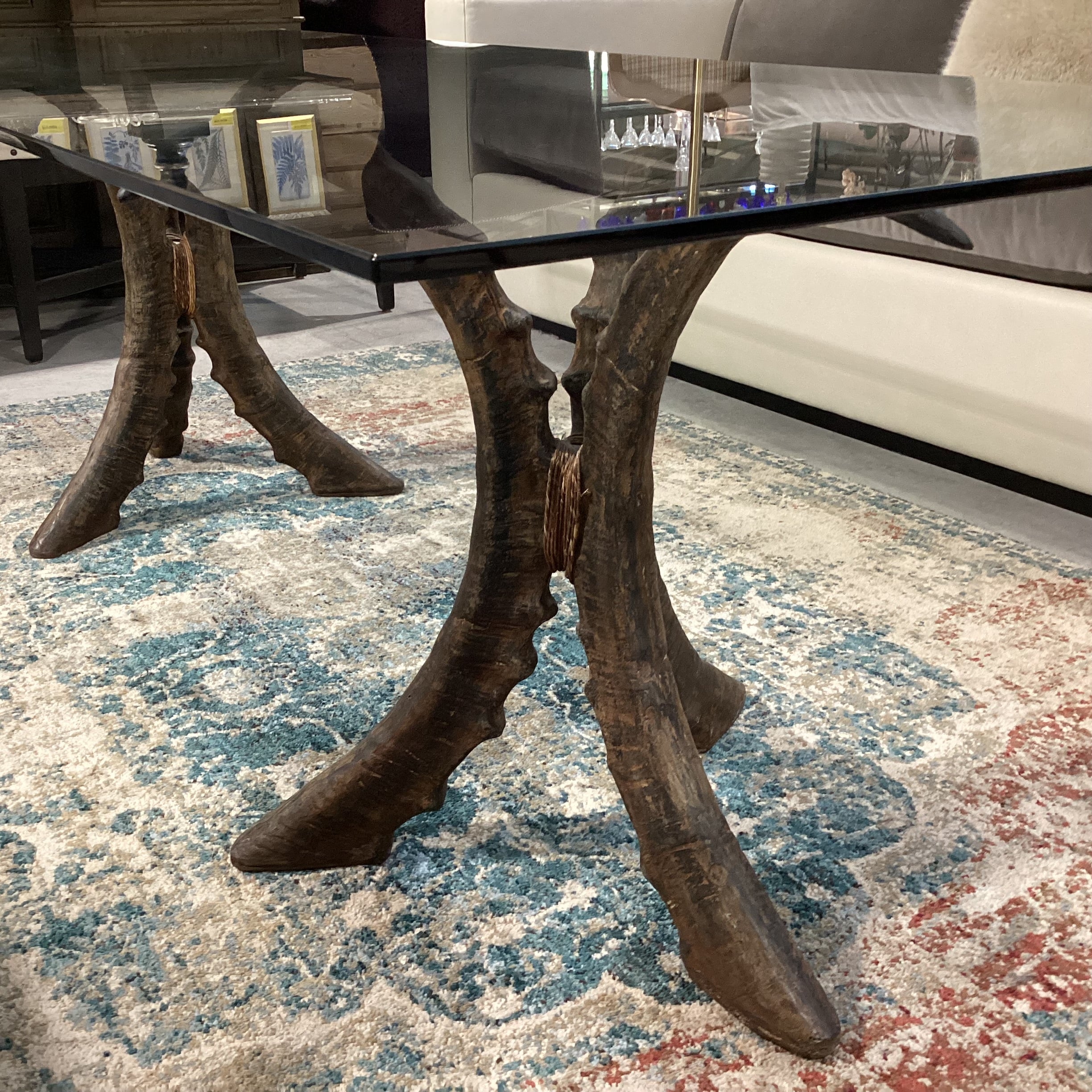 Carved Wood Tri Horn Pedestals with Glass Top Coffee Table 72"x 30"x 23"