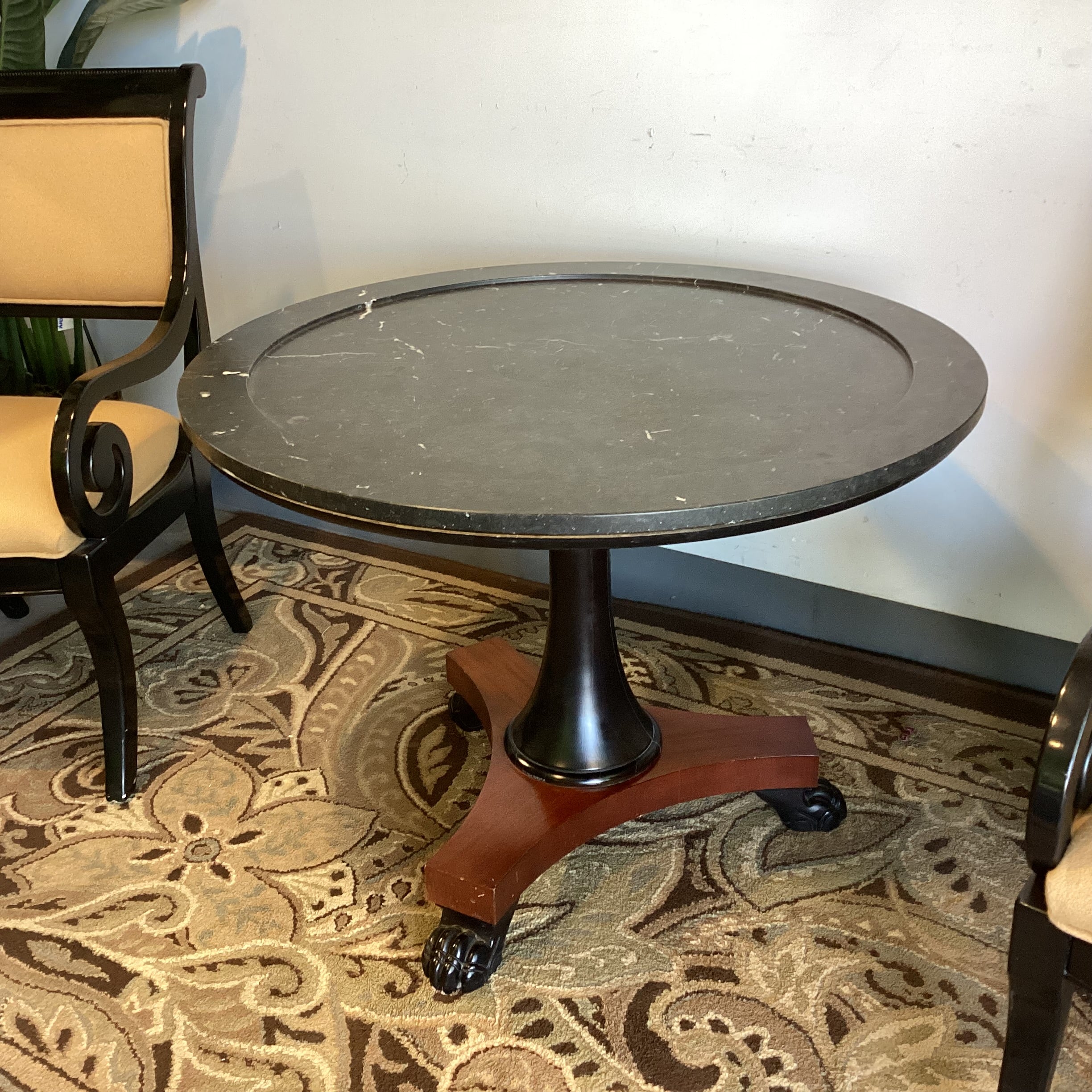 Ralph Lauren Round Black Marble Mahogany Pedestal with Carved Paw Feet Foyer Accent Table 38.5" Diameter x 28"