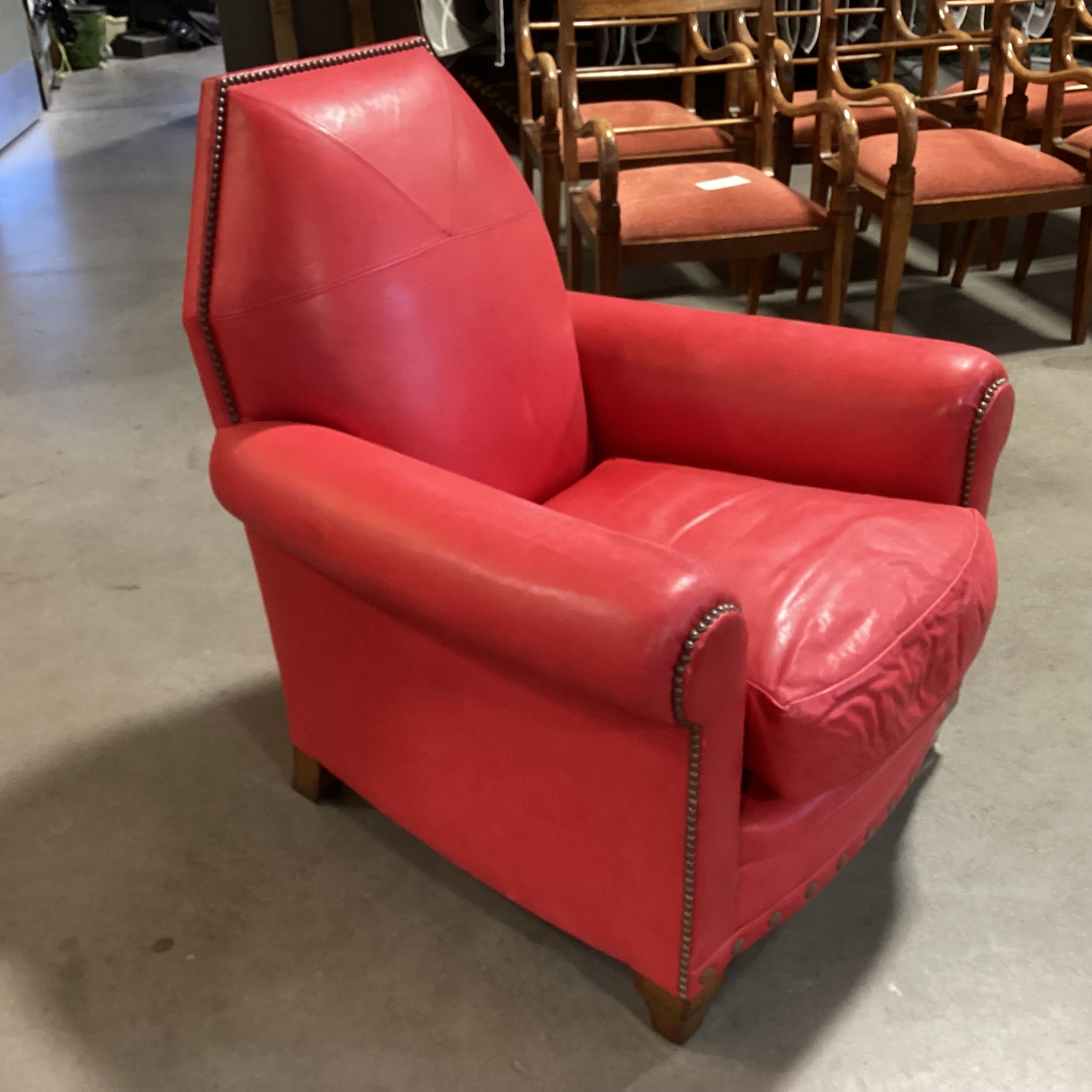 JJ Custom Red Leather Nailhead High Back Chair 35"x 37"x 38.5"
