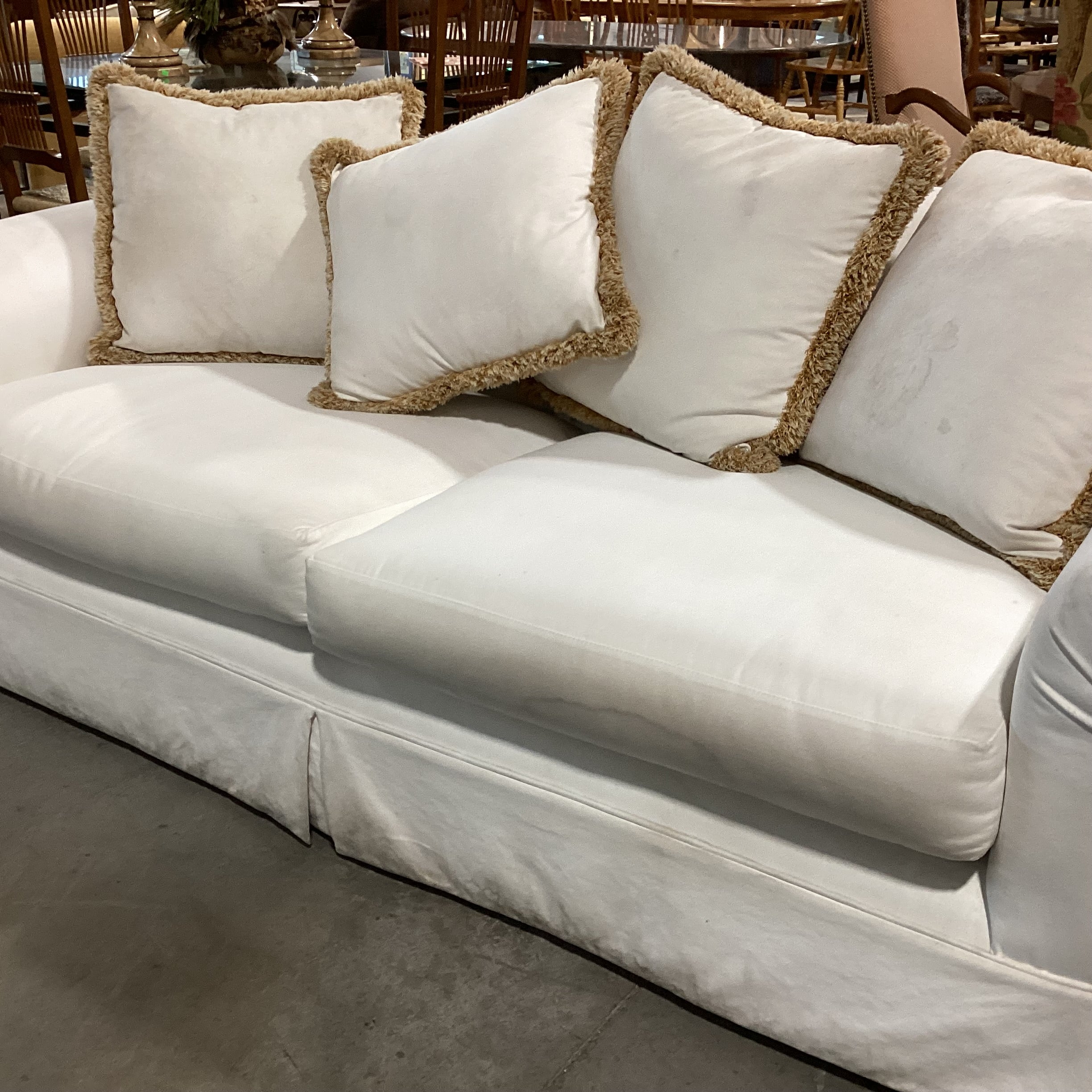 Custom Cream with Gold Tan Fringe Down Mix Roll Arm Sofa 85"x 40"x 31"