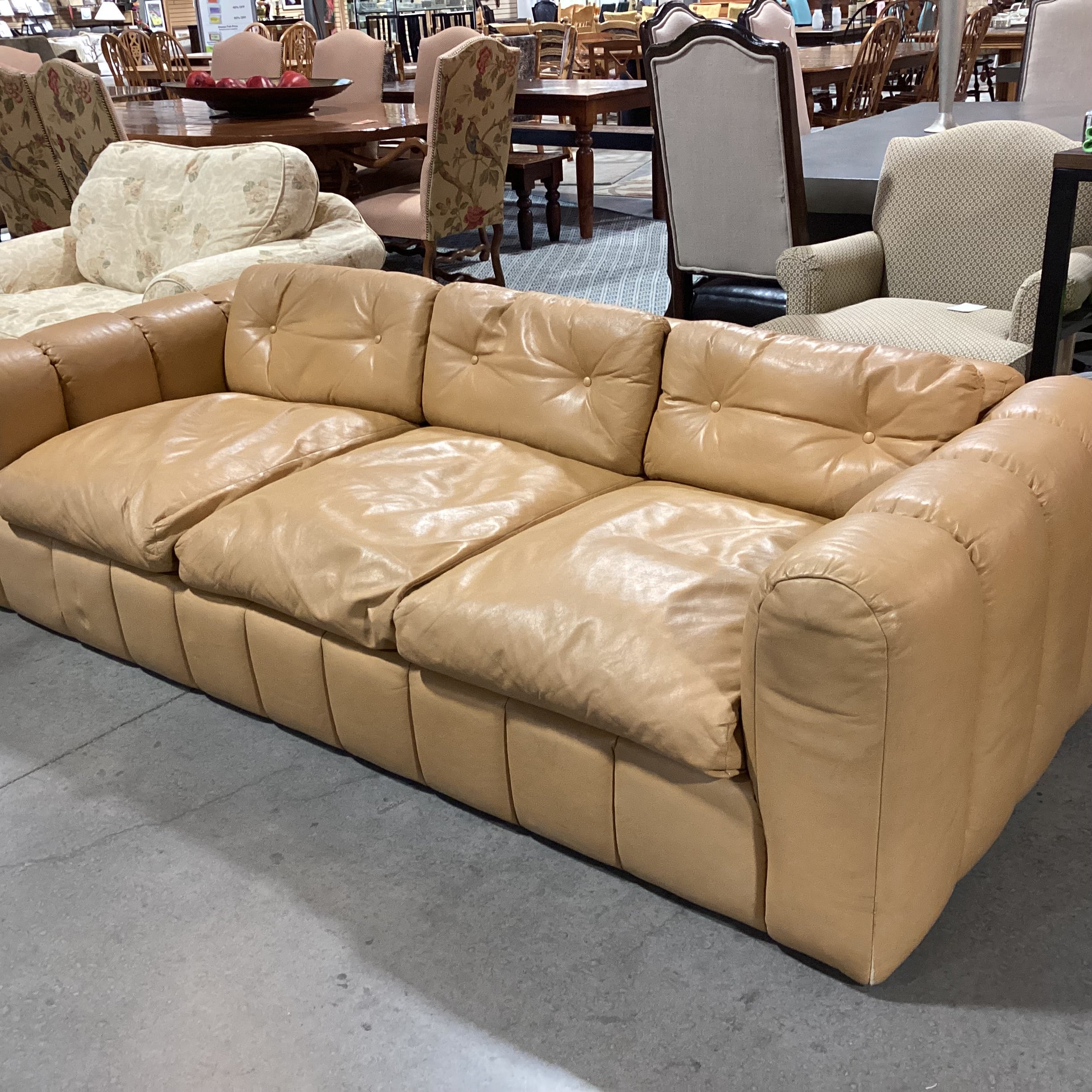 Interior Crafts Chicago Vintage Tan Leather Channel Ribbed Tufted Sofa 98"x 42"x 26"