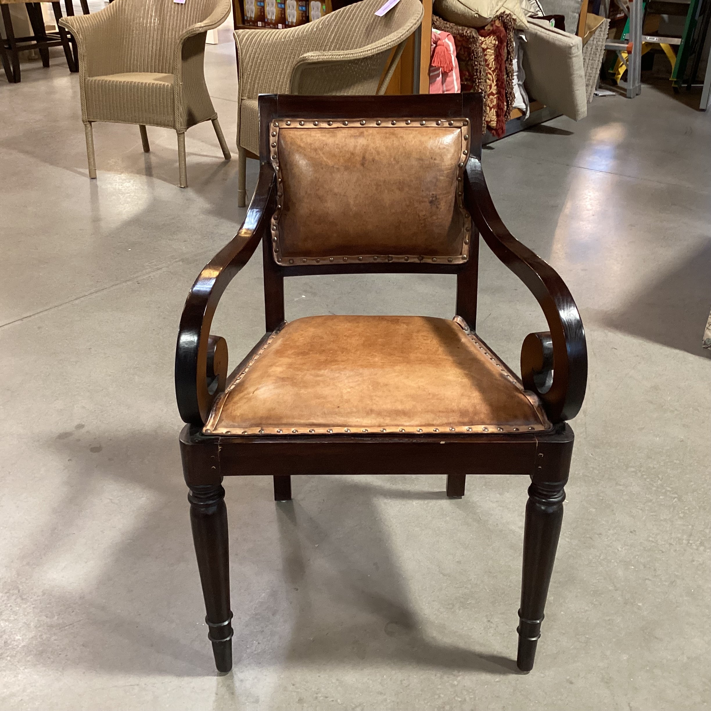 Vintage Antique Carved Scroll Arm & Leather Nailhead Chair 24"x 22"x 34"
