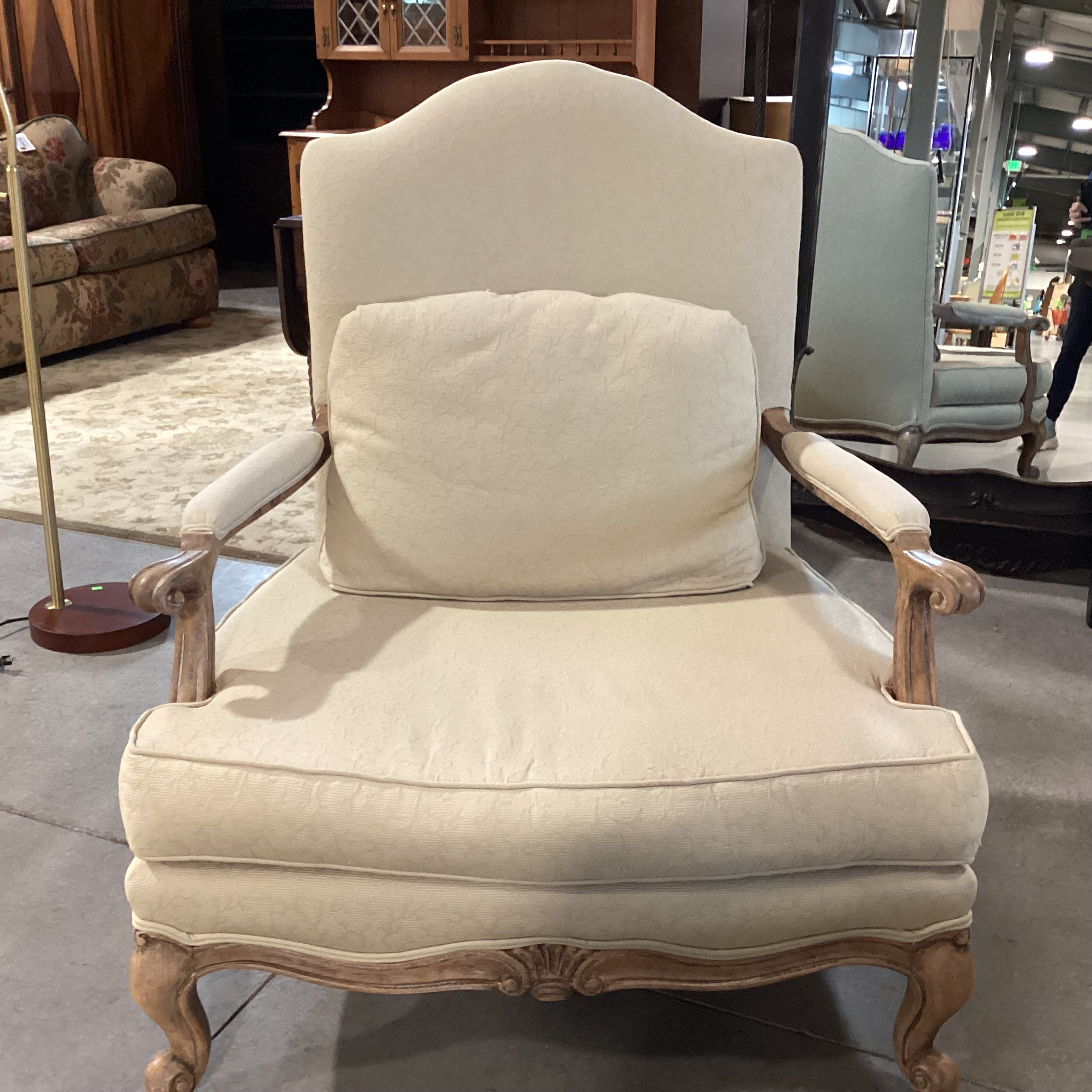 French Provincial Style Carved Antiqued Washed Wood & Wheat Raised Texture with Ottoman Chair 36"x 38"x 42"