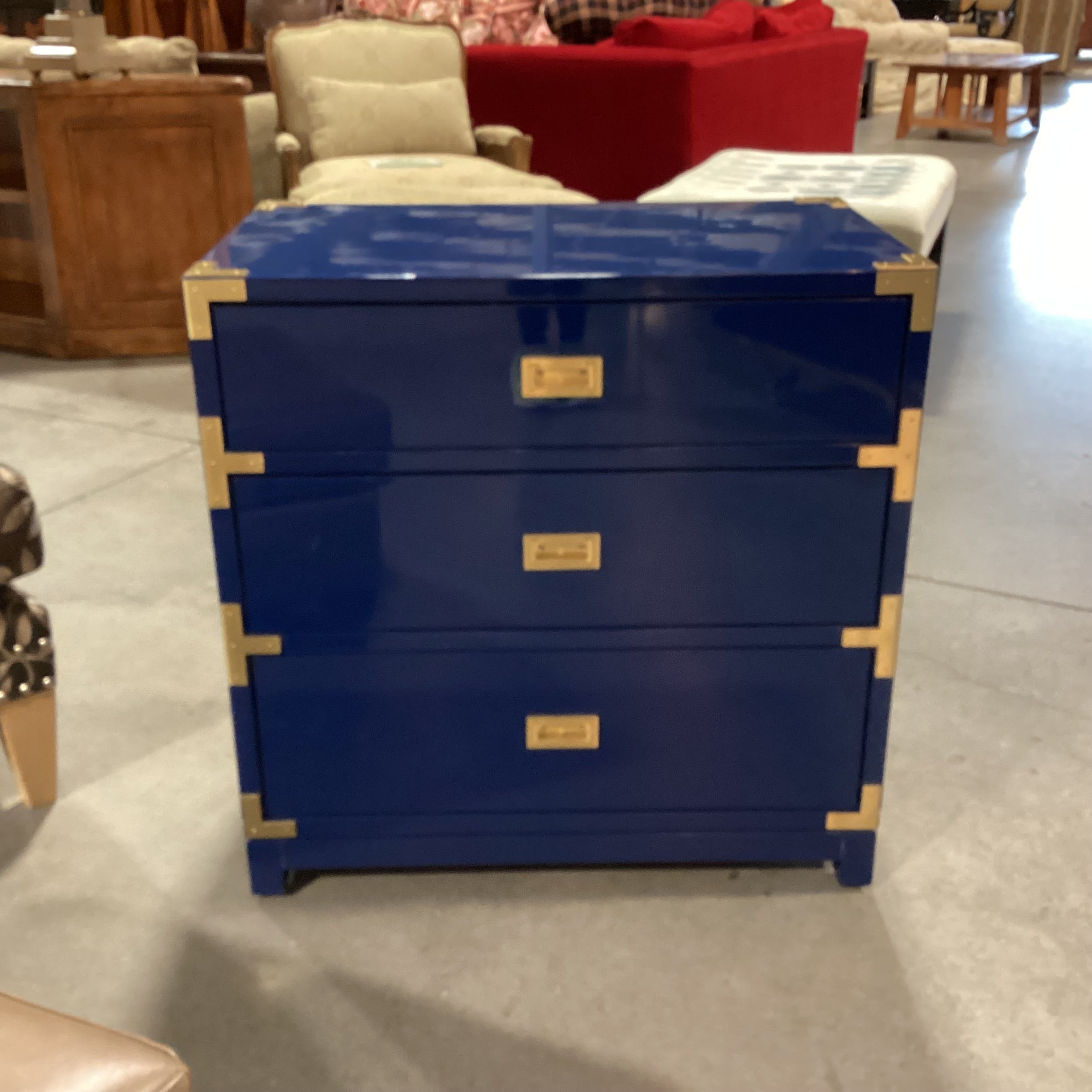 Navy Lacquer & Brass Campaign 3 Drawer Chest 30"x 18.5"x 30.5"