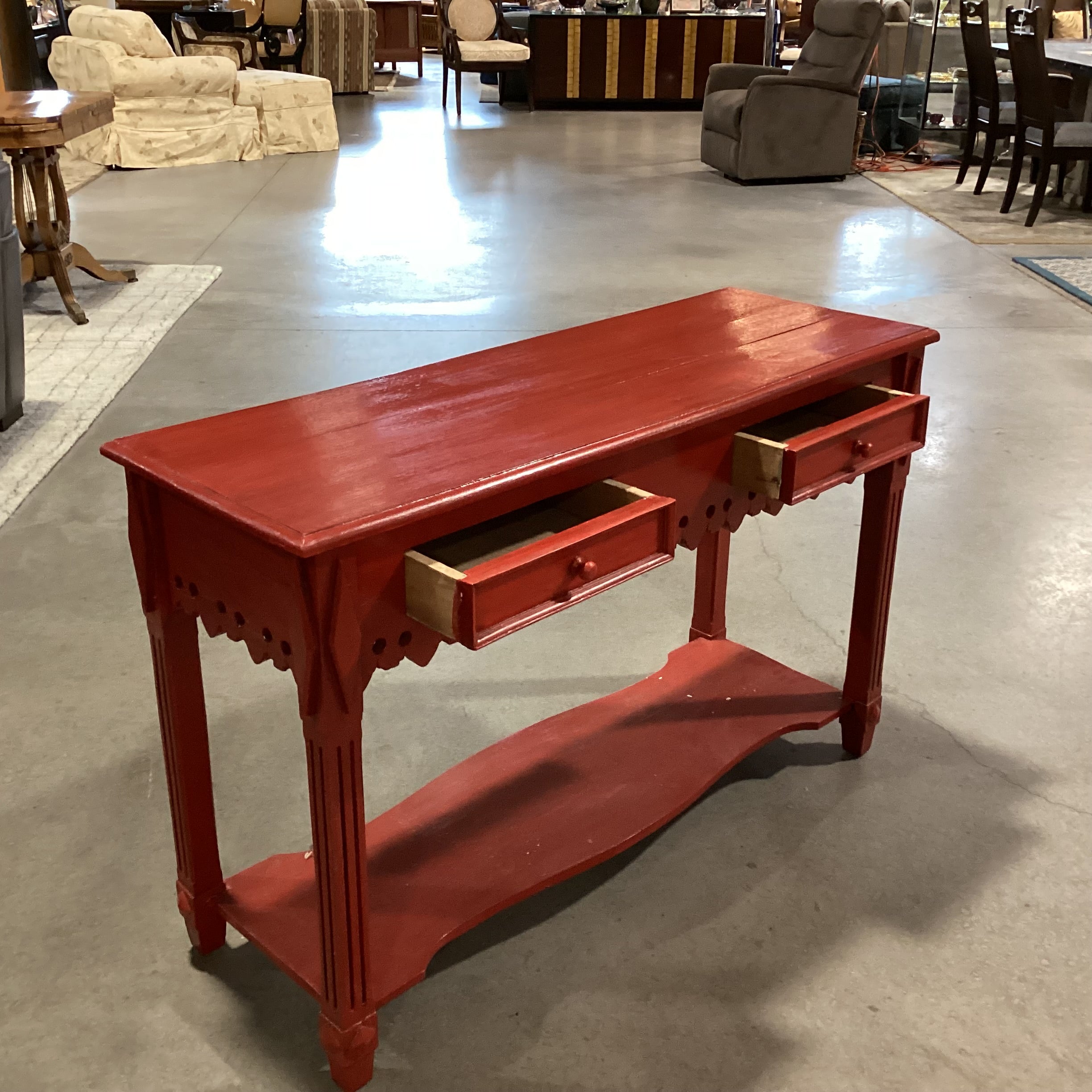 Red Finished Carved Wood 2 Drawer with Bottom Shelf Sofa Table 47"x 17"x 30"