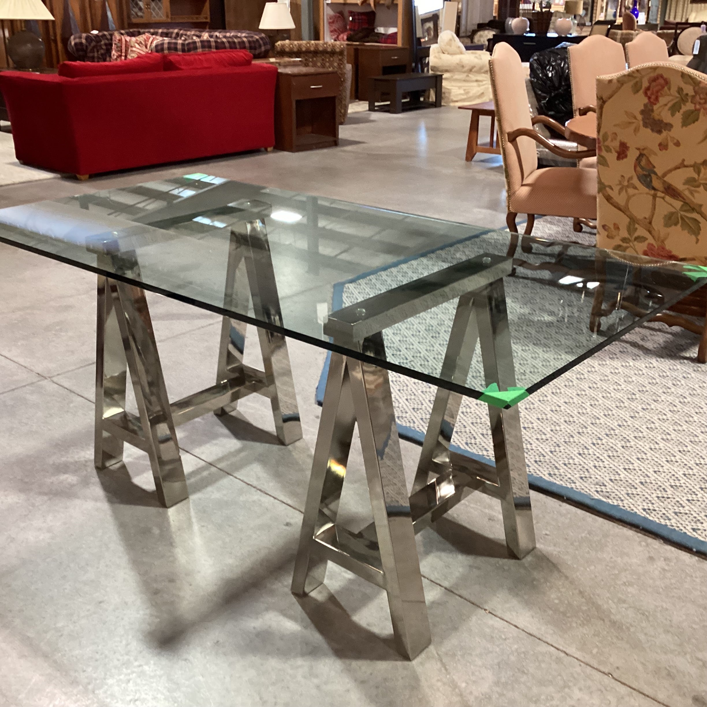 Chrome Sawhorse & Thick Glass Desk Dining Table 72"x 36"x 30.5"