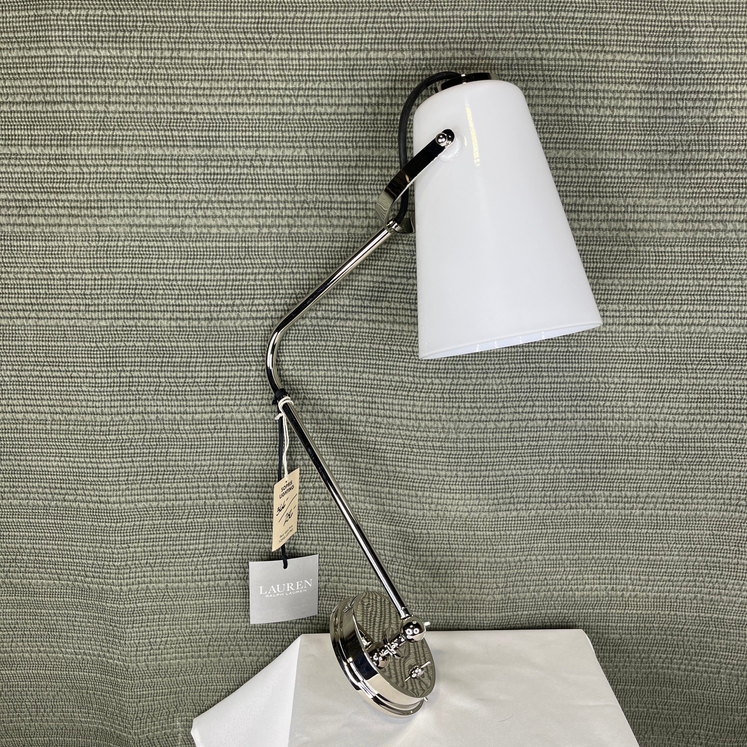 Visual Comfort X Ralph Lauren Hazel 1-Light Polished Nickel with Milk Glass Cone Shade Task Wall Sconce 6”x 18”x 18”