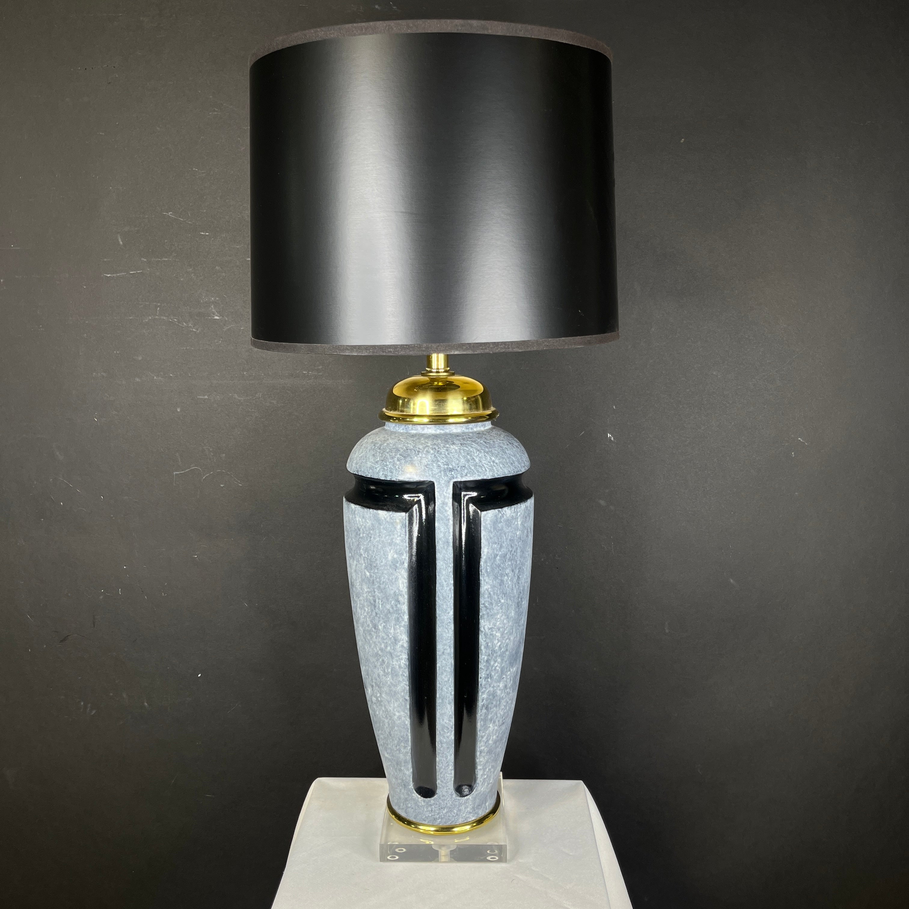 Art Deco Style Black and Cloudy Blue Ceramic Vase with Shade Table Lamp 14” Diameter @ Shade x 30”