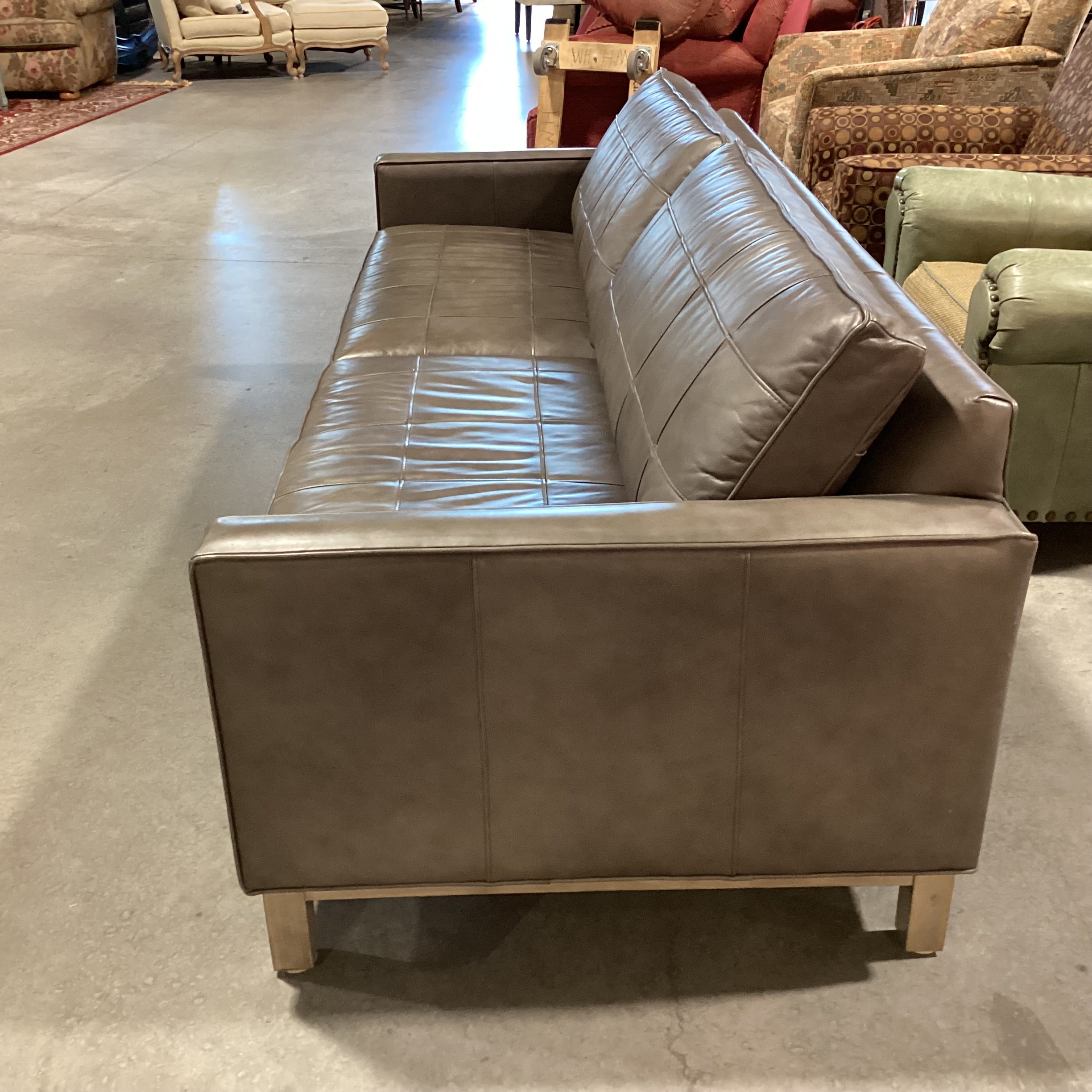 Ethan Allen Modern Grey Grid Stitched Leather Sofa 87"x 36"x 29"
