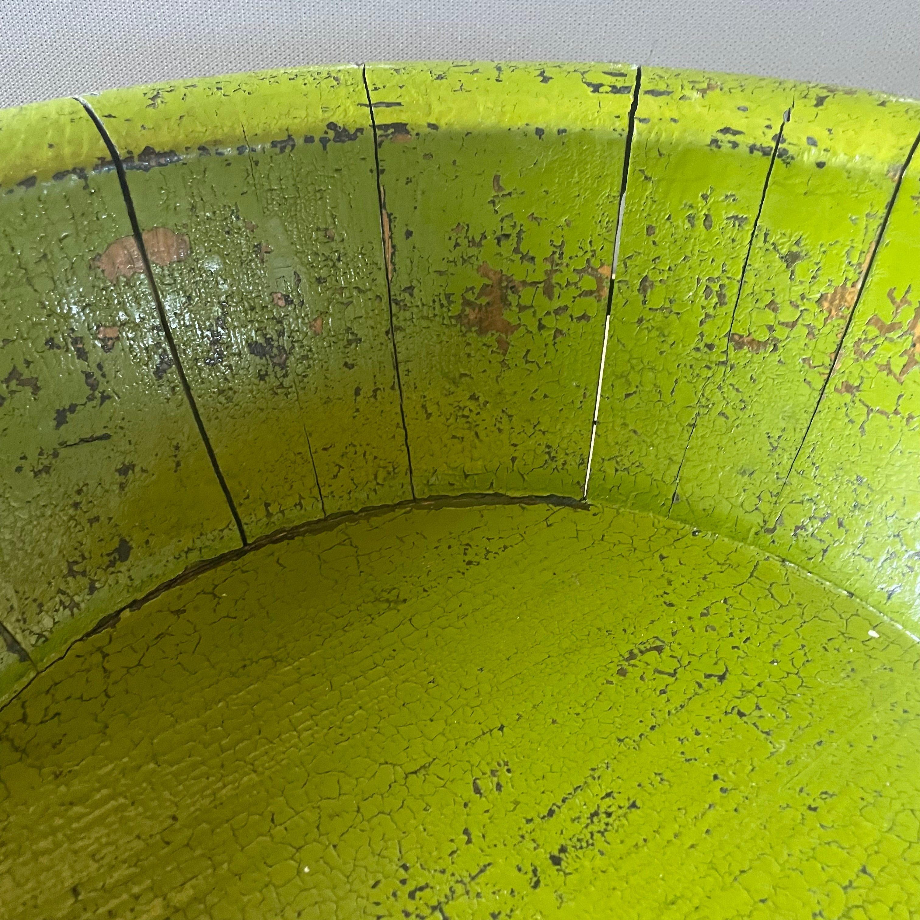 Antique Chinese Green Lacquer Wood, Metal Banded Wash Basin, 20.5"x 6"