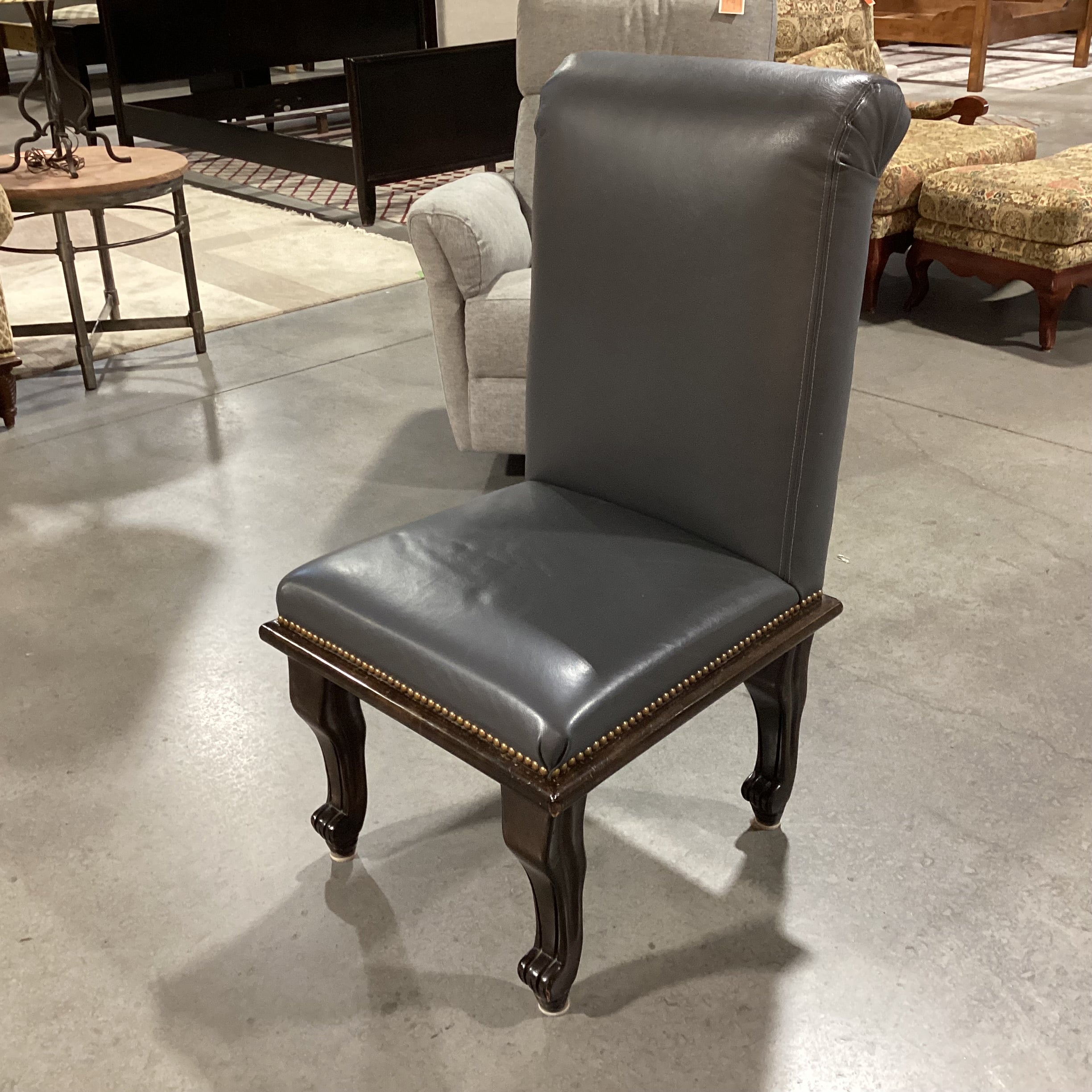 Grey Leather Nailhead & Dark Finished Wood Chair 22"x 26"x 41"