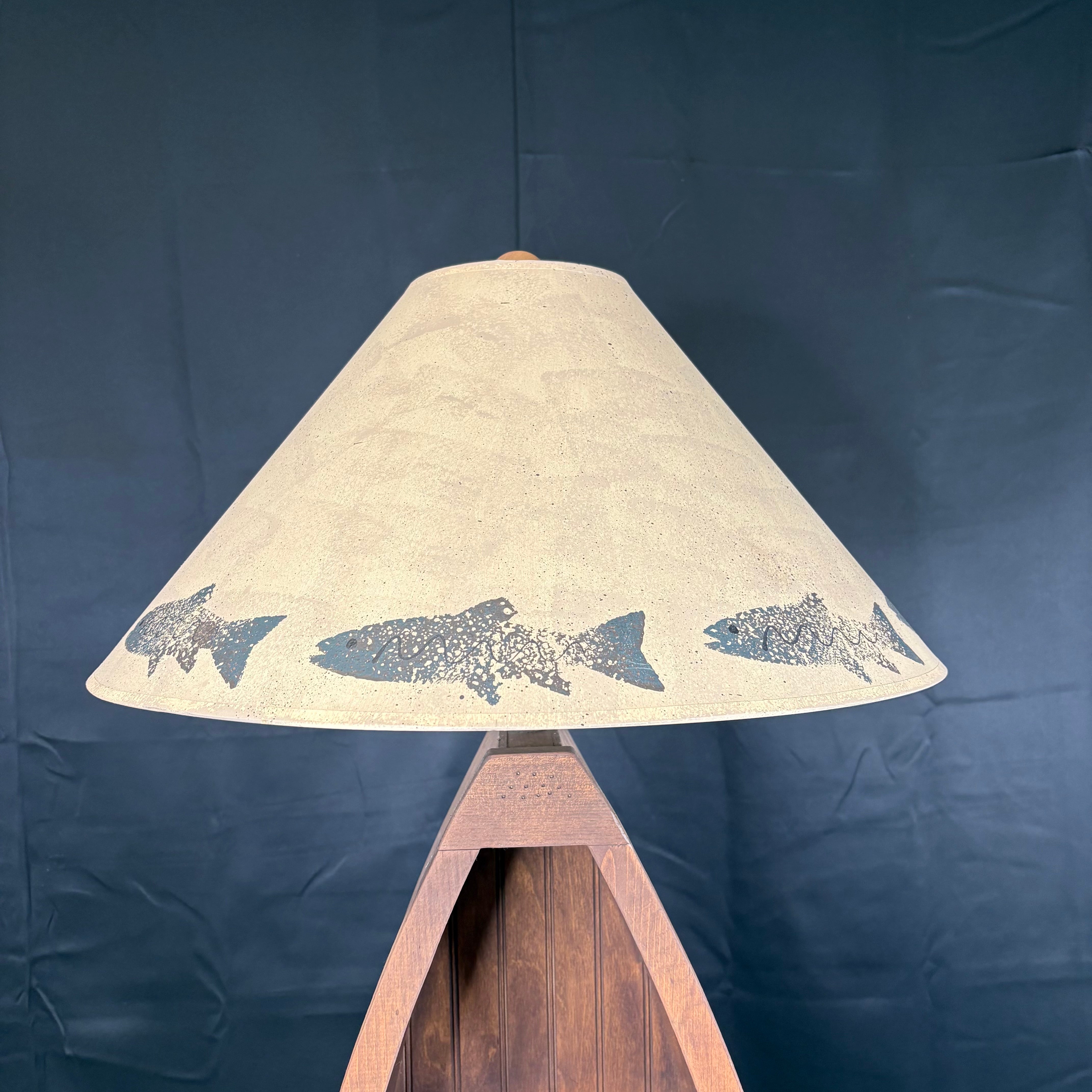 Black Forest Style Wood Canoe Bookcase with Fish Painted Shade Floor Lamp 22” Diameter @ Shade x 61”
