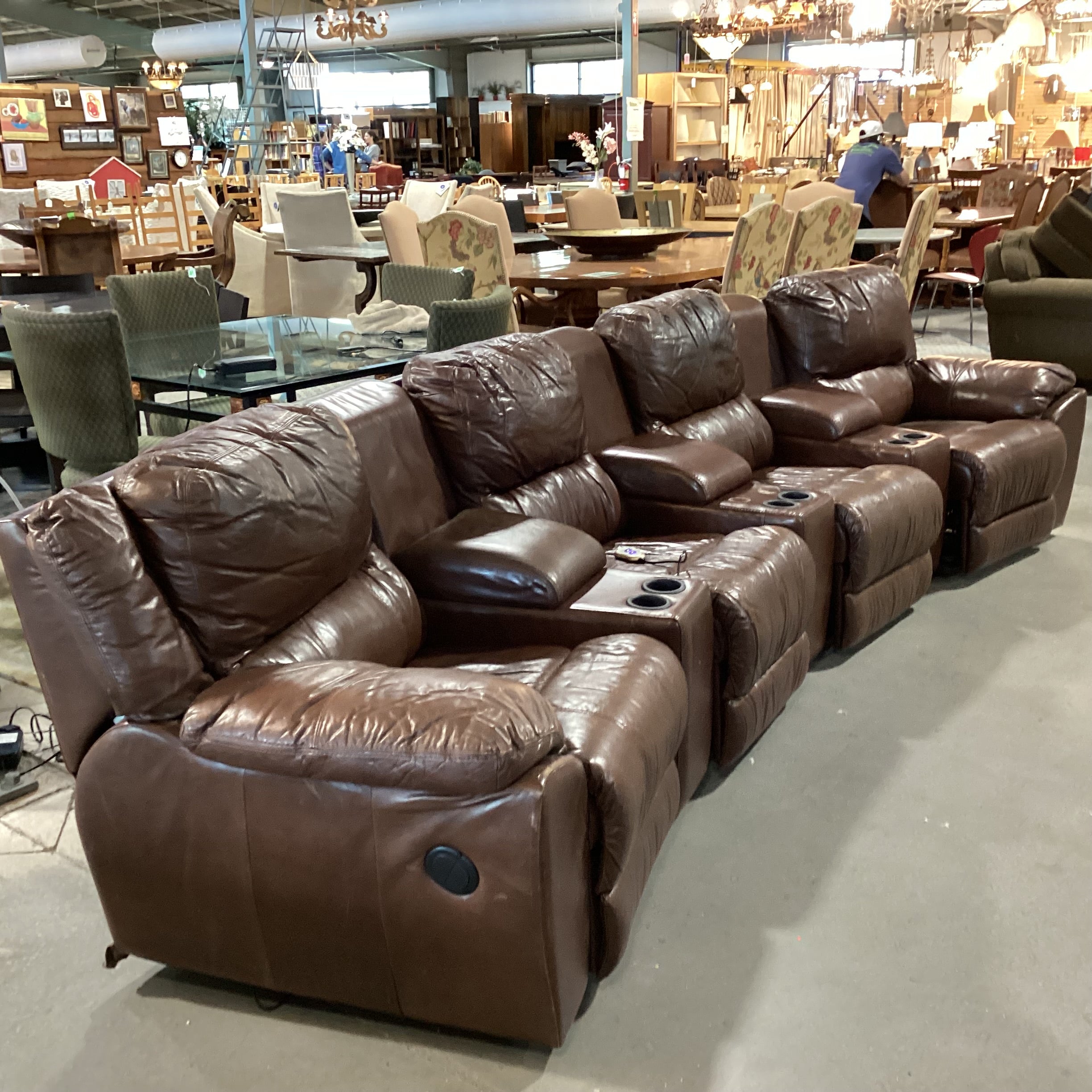 Benson Home Palliser Amaretto Leather 7 Piece with 4 Power Recliners & 3 Consoles Theater Sectional 157"x 41" to 69"x 36"th