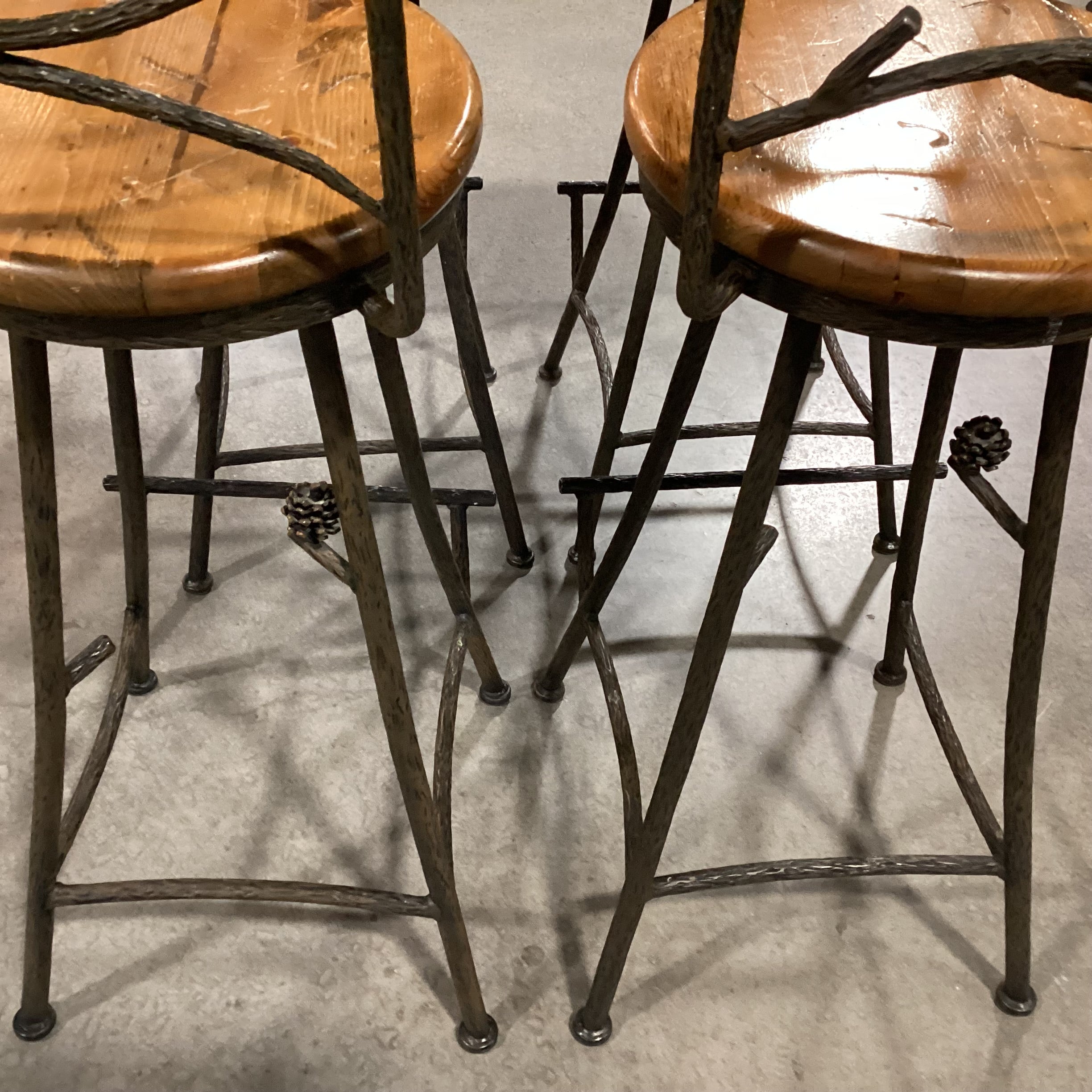 SET of 4 Pinecone & Branch Iron Solid Wood Swivel Seat Barstools 31"