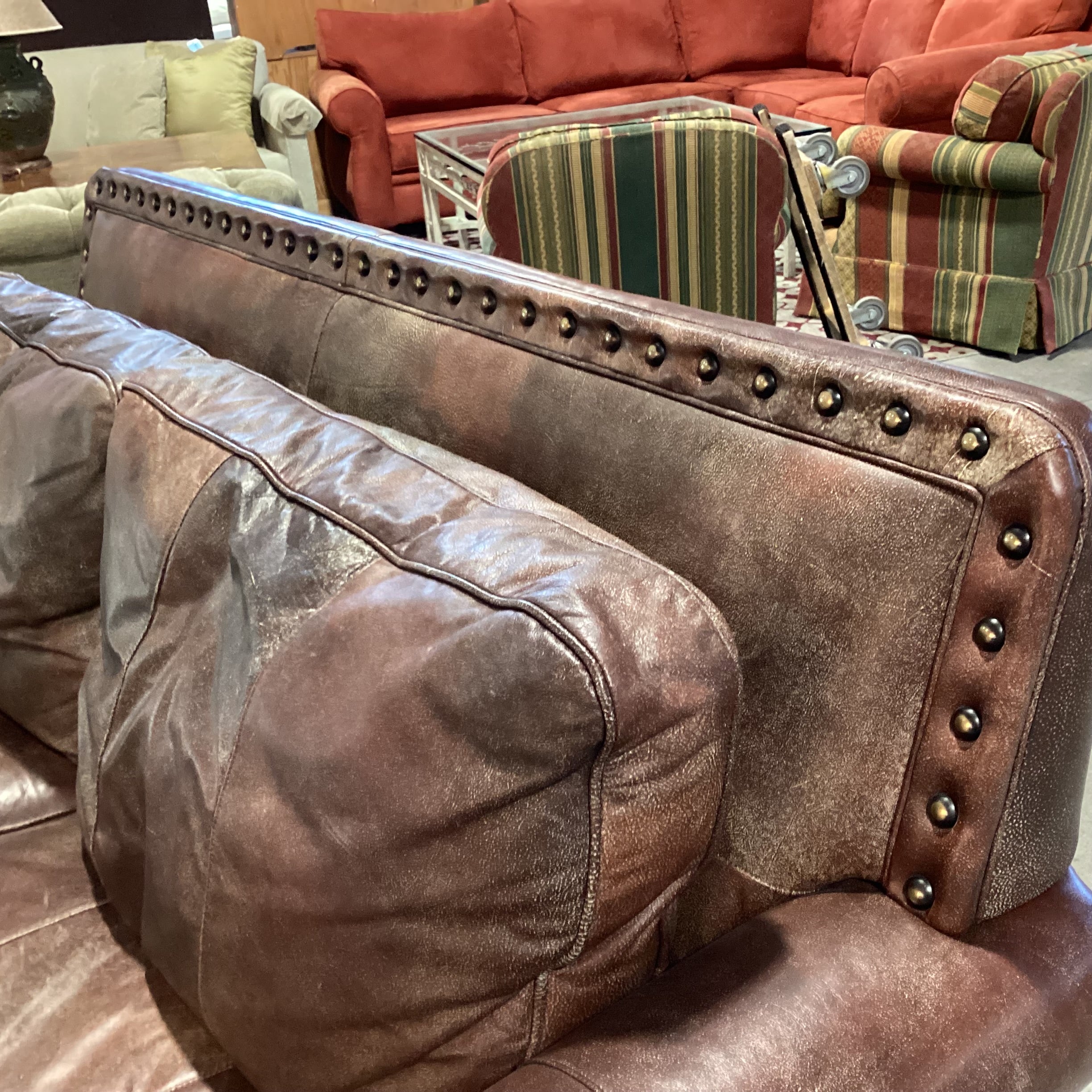 Distressed Leather Nailhead Highback Sofa 80"x 41"x 36"