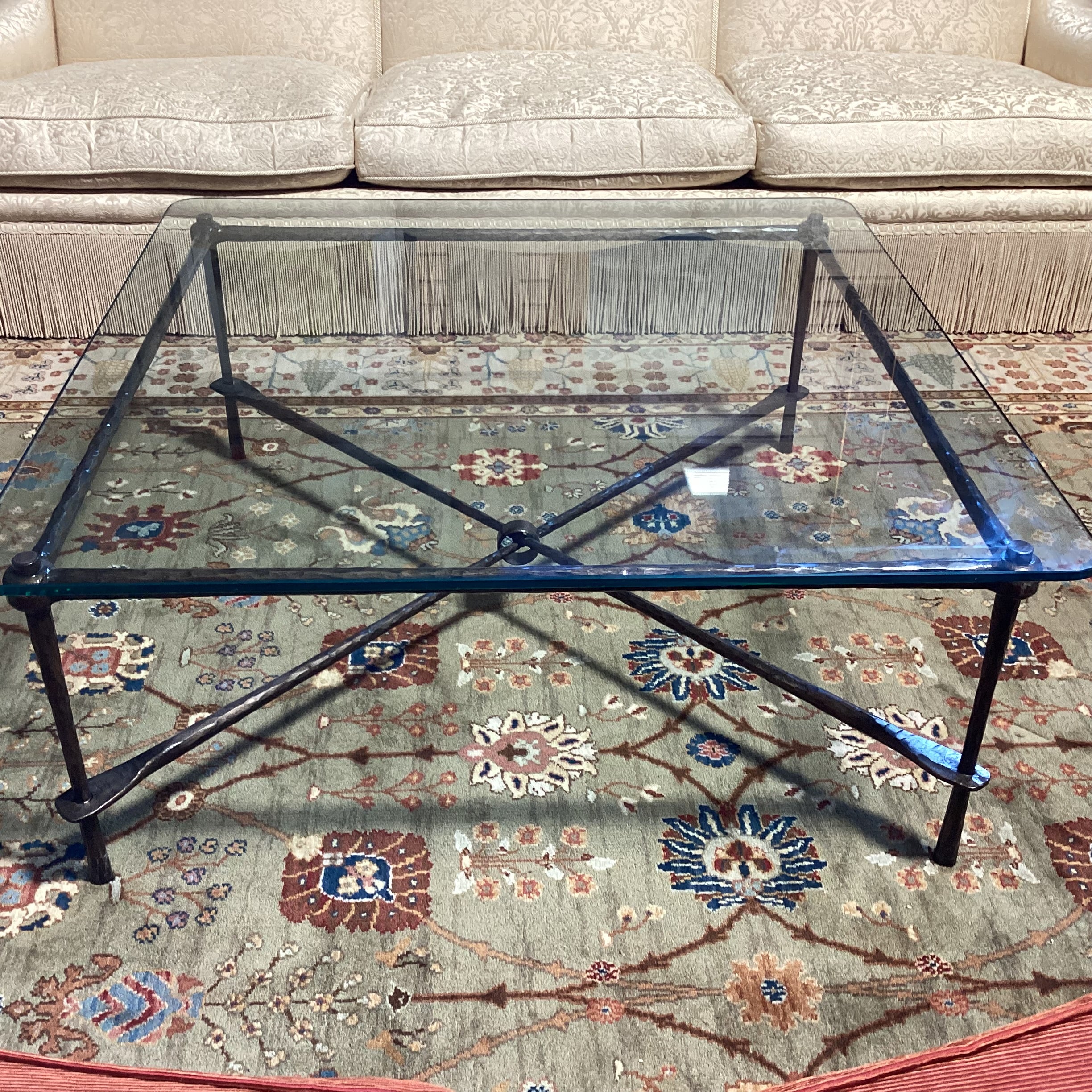 Textured Iron X Base & Glass Coffee Table 43"x 43"x 18"