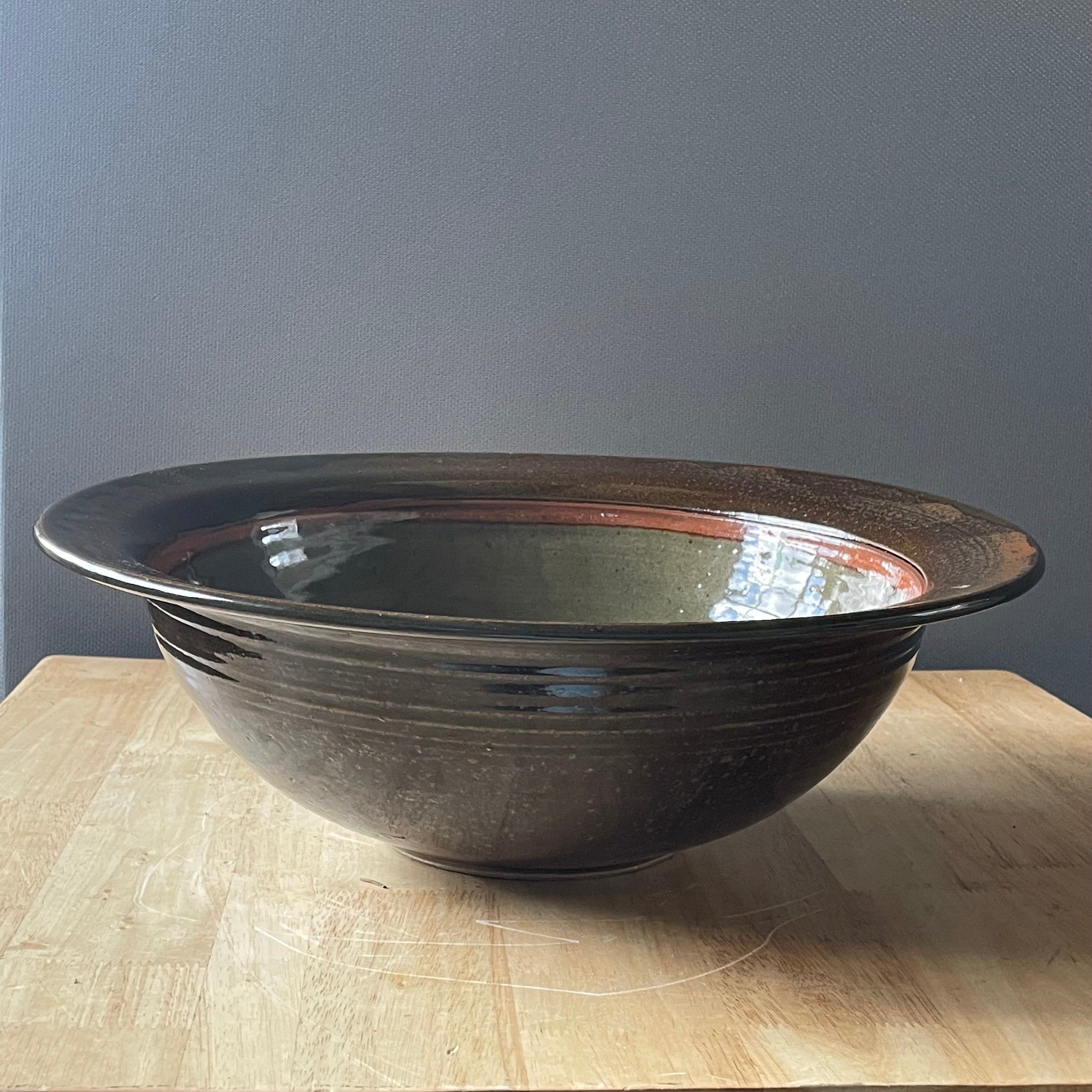 Vintage David Blaisdell Signed Large Green, Brown, Orange Glazed Bowl, 15"x 5"