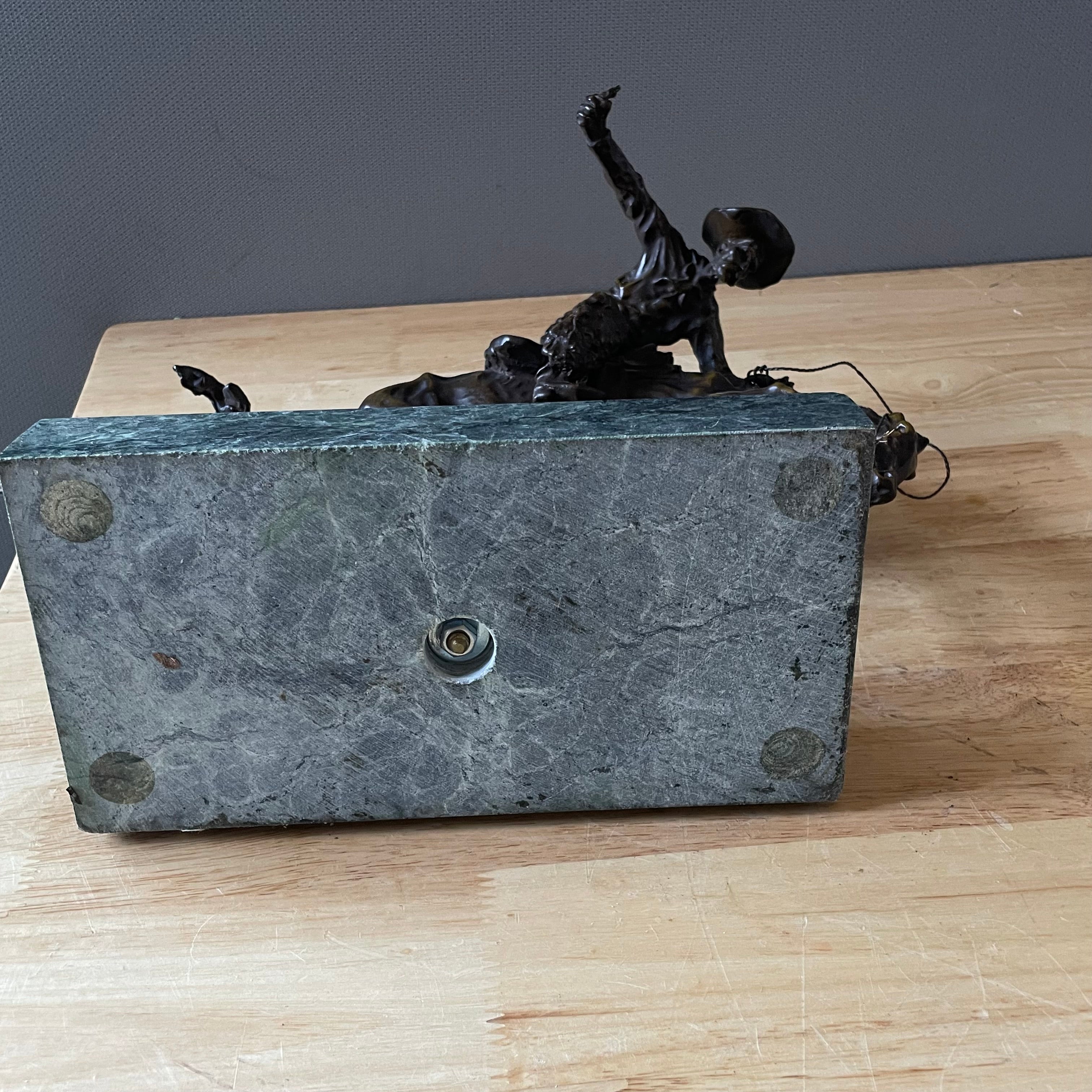 Frederic Remington Bronze Reproduction of "The Bronco Buster" on Green Marble Base, 12"x 8"x 8.75"