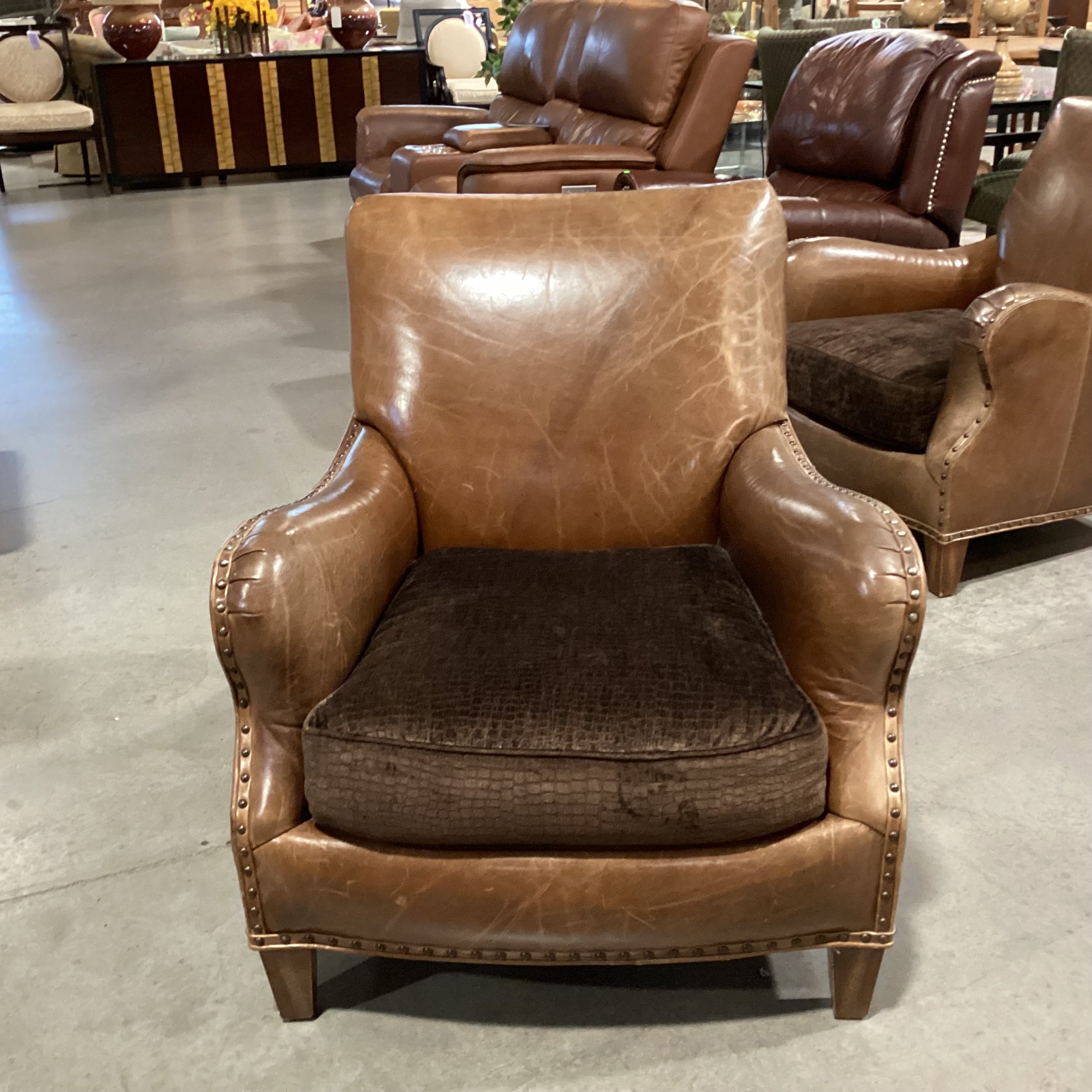 Westley Hall Collection Distressed Leather Nailhead with Brown Upholstered Seat Cushion Chair 31"x 38"x 34"