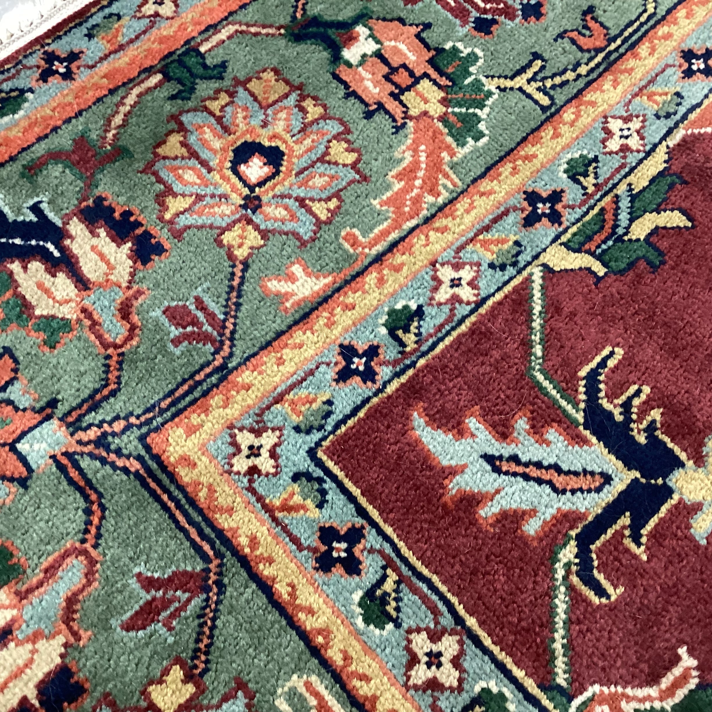 Vintage Burgundy Green & Gold Hand Woven Wool Rug 8'x 10'